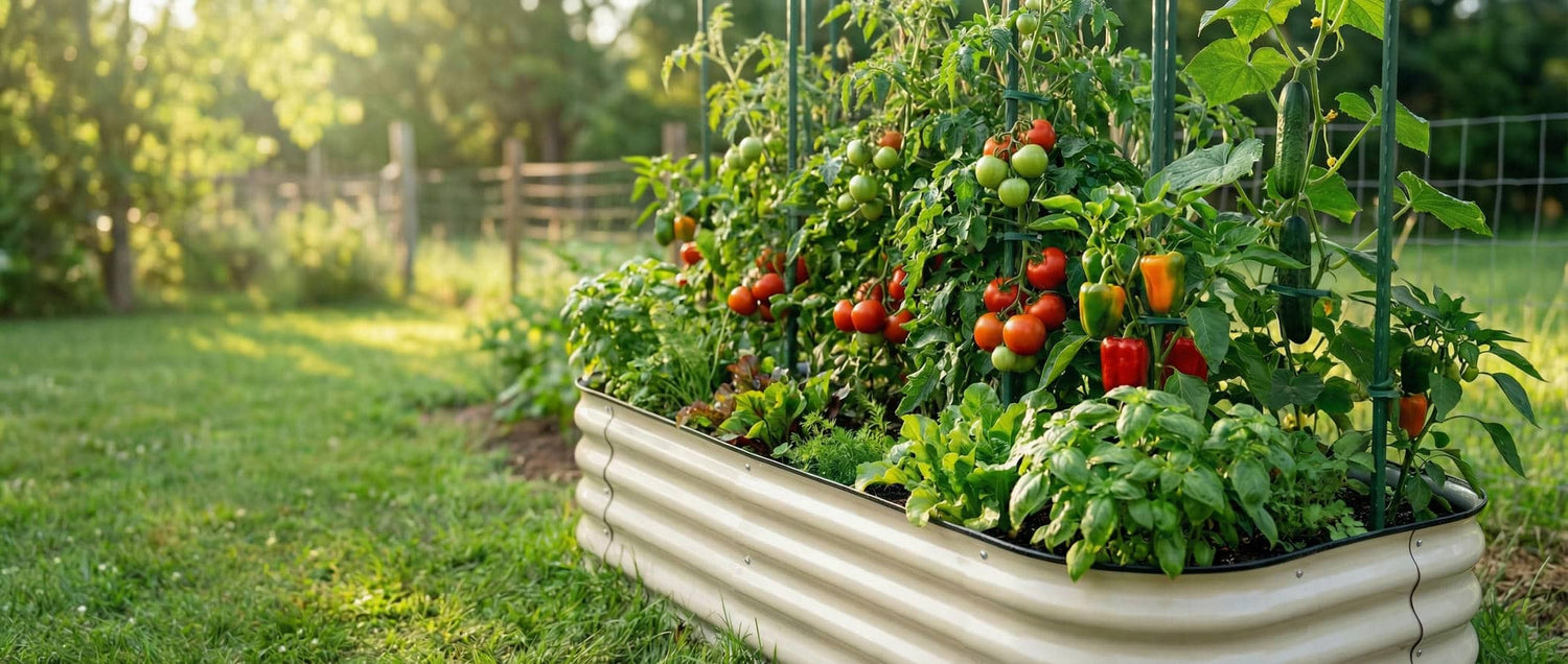 Harvest Company Garden Bed with vegetables in backyard