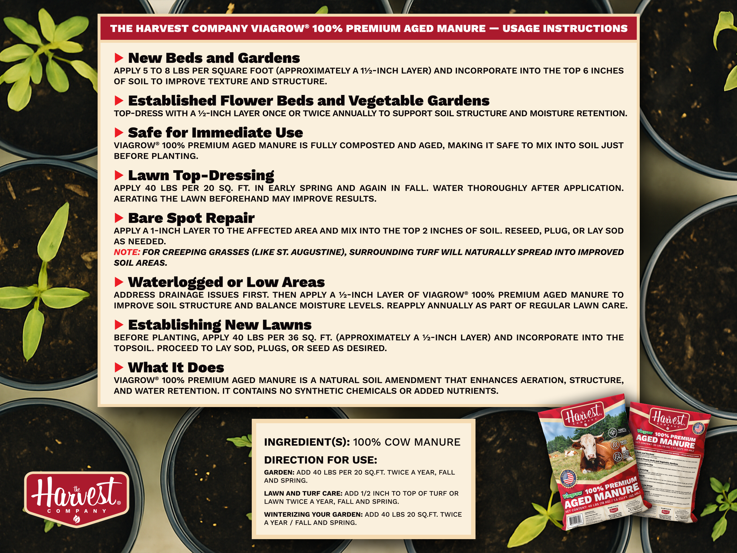 Viagrow 40 lb. 1.5 cu. ft. Organic Cow Manure Soil Amendment Premium Aged Compost (60-Bag Pallet) / A Product of The Harvest Company