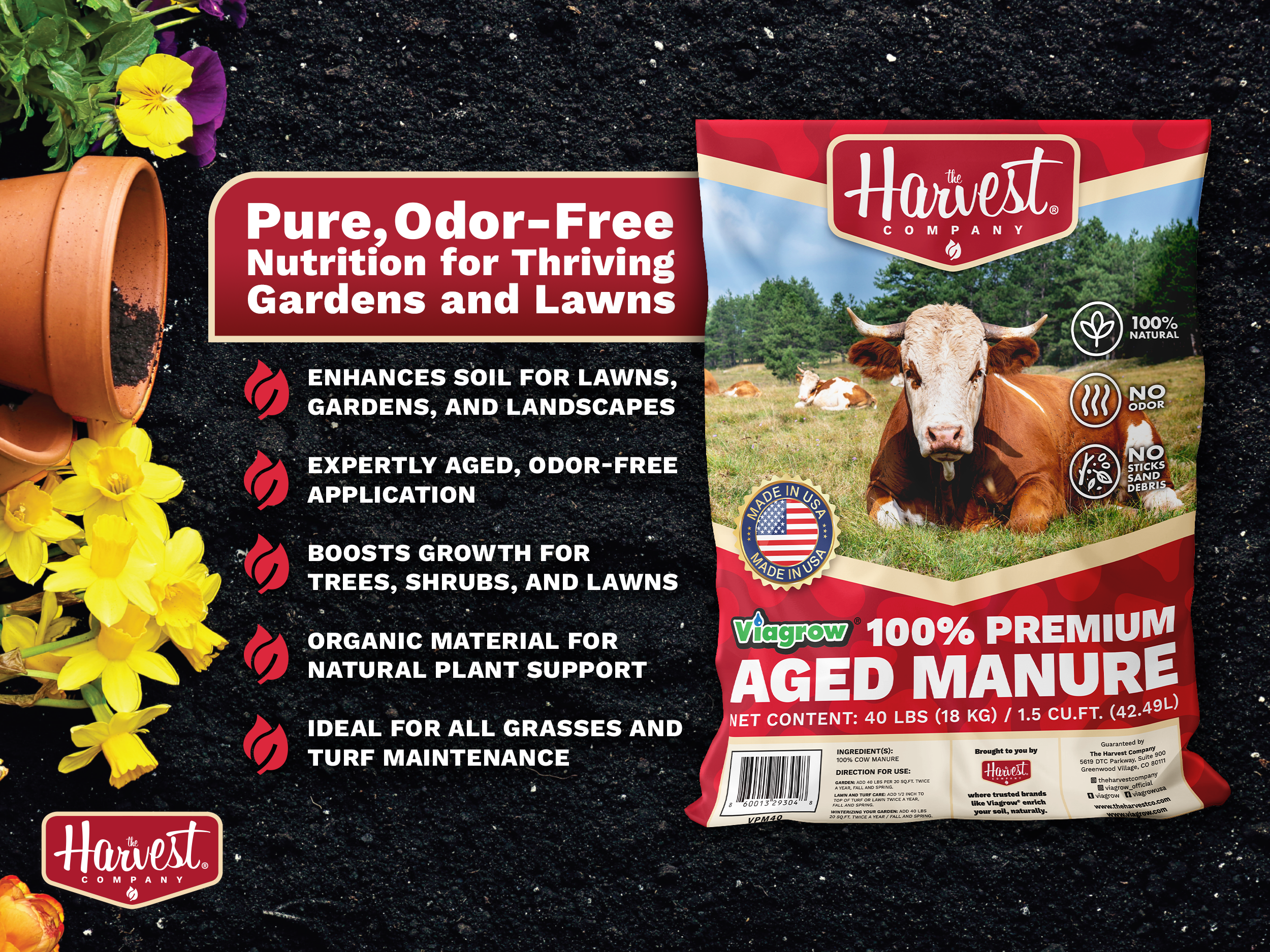 Viagrow 40 lb. 1.5 cu. ft. Organic Cow Manure Soil Amendment Premium Aged Compost (60-Bag Pallet) / A Product of The Harvest Company