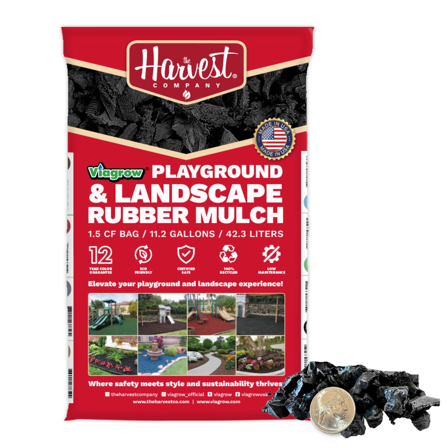 Bag of playground and landscape rubber mulch with Harvest Company branding on a white background.