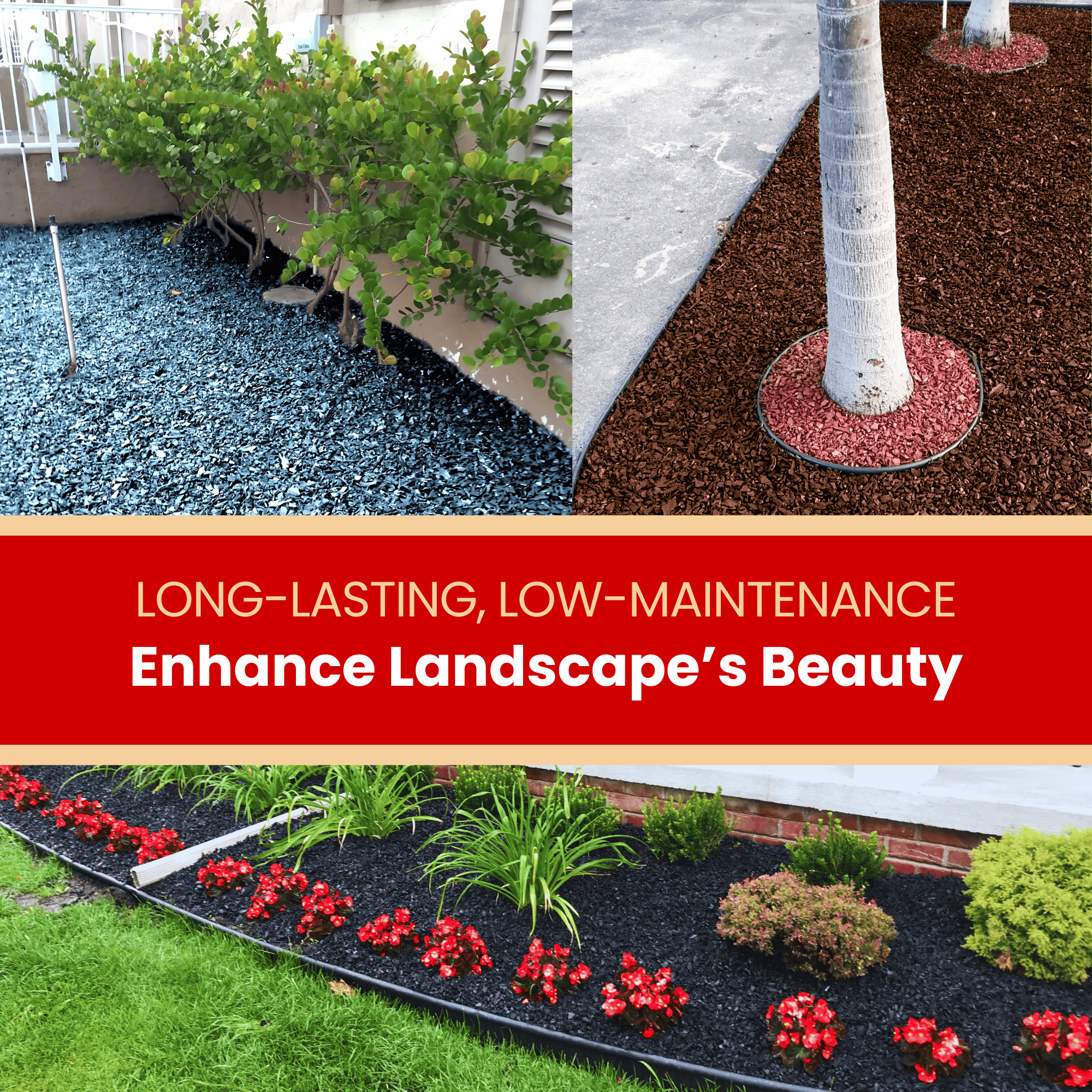 Three landscape design images with text about long-lasting, low-maintenance enhancements.