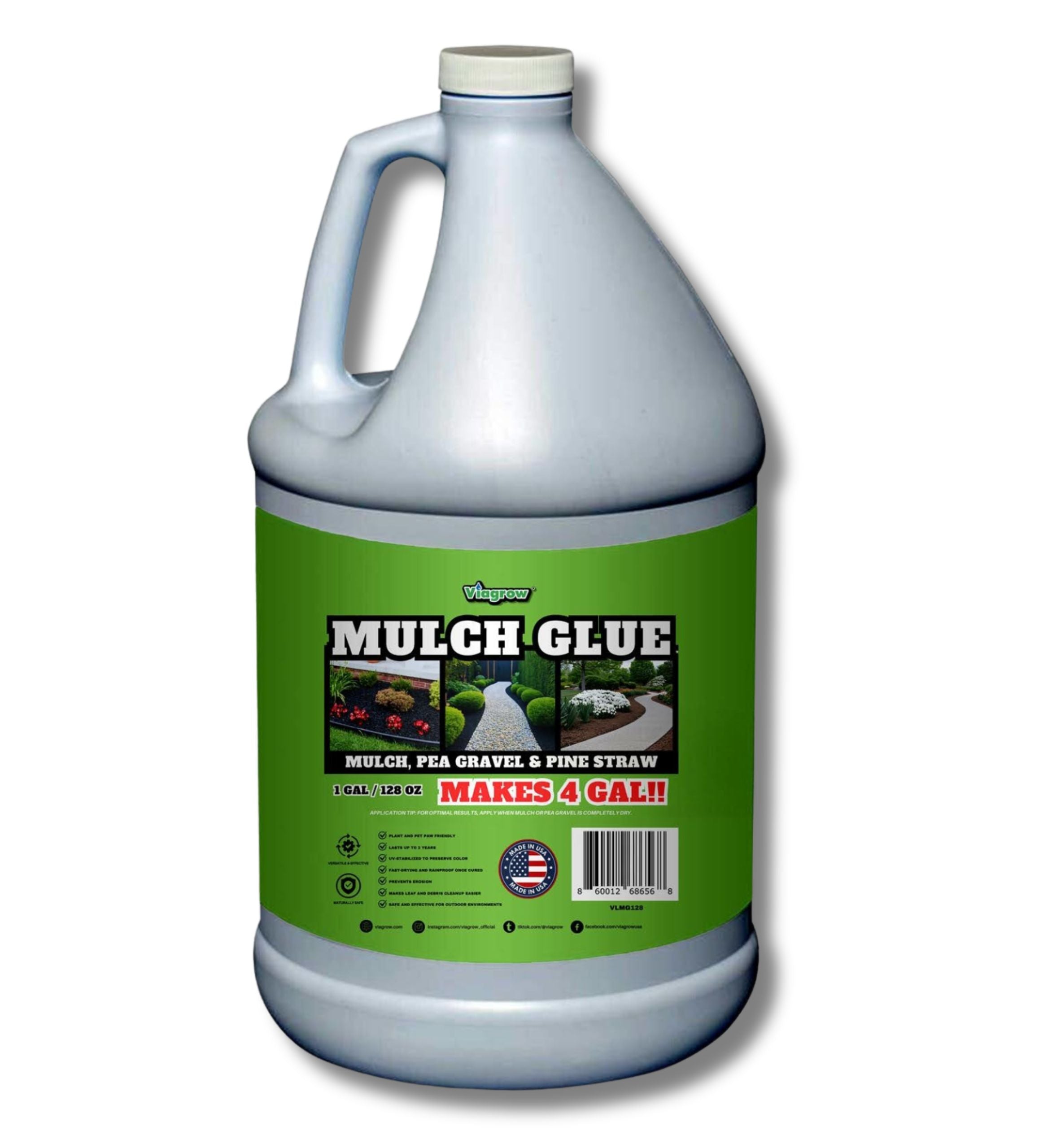Viagrow Mulch Glue 1 Gal / 128 OZ: Makes 4 Gal / Covers Approx. 500 Sq. Ft.
