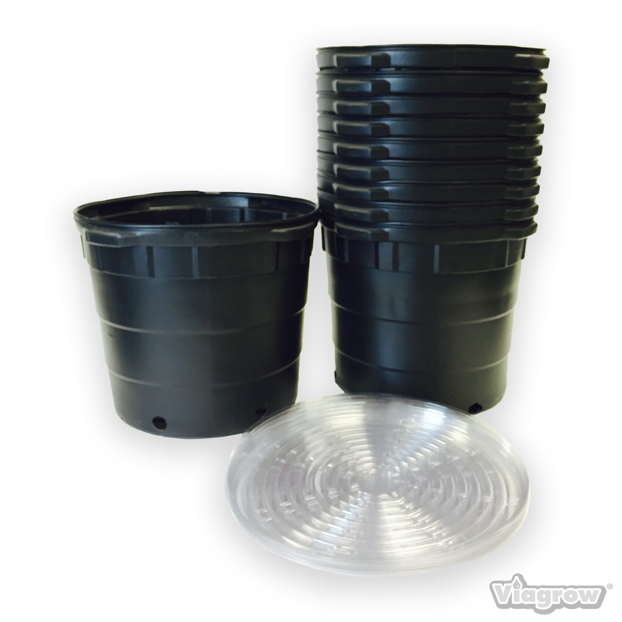 A set of two black 10-gallon round plastic nursery pots with lids, designed for plant growth.