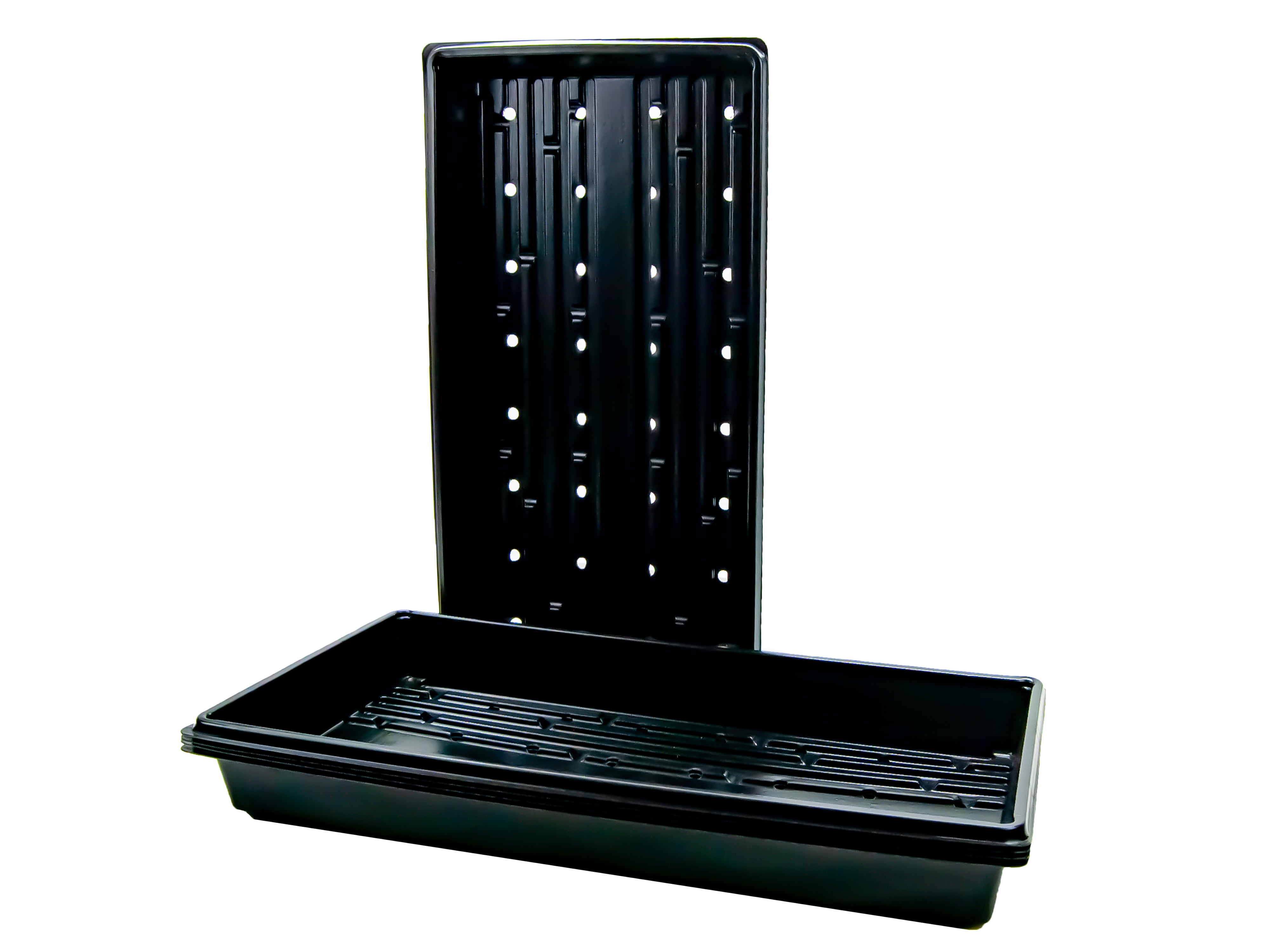 A black, rectangular Viagrow seedling tray with holes, designed for propagation and seed starting.