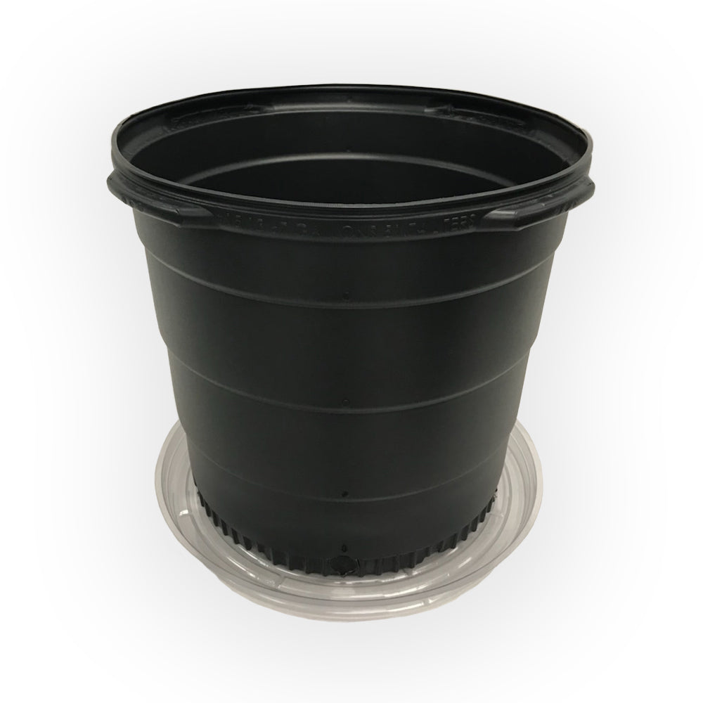 A 15-gallon round black plastic nursery pot with a 17.5-inch saucer, designed for large plants.