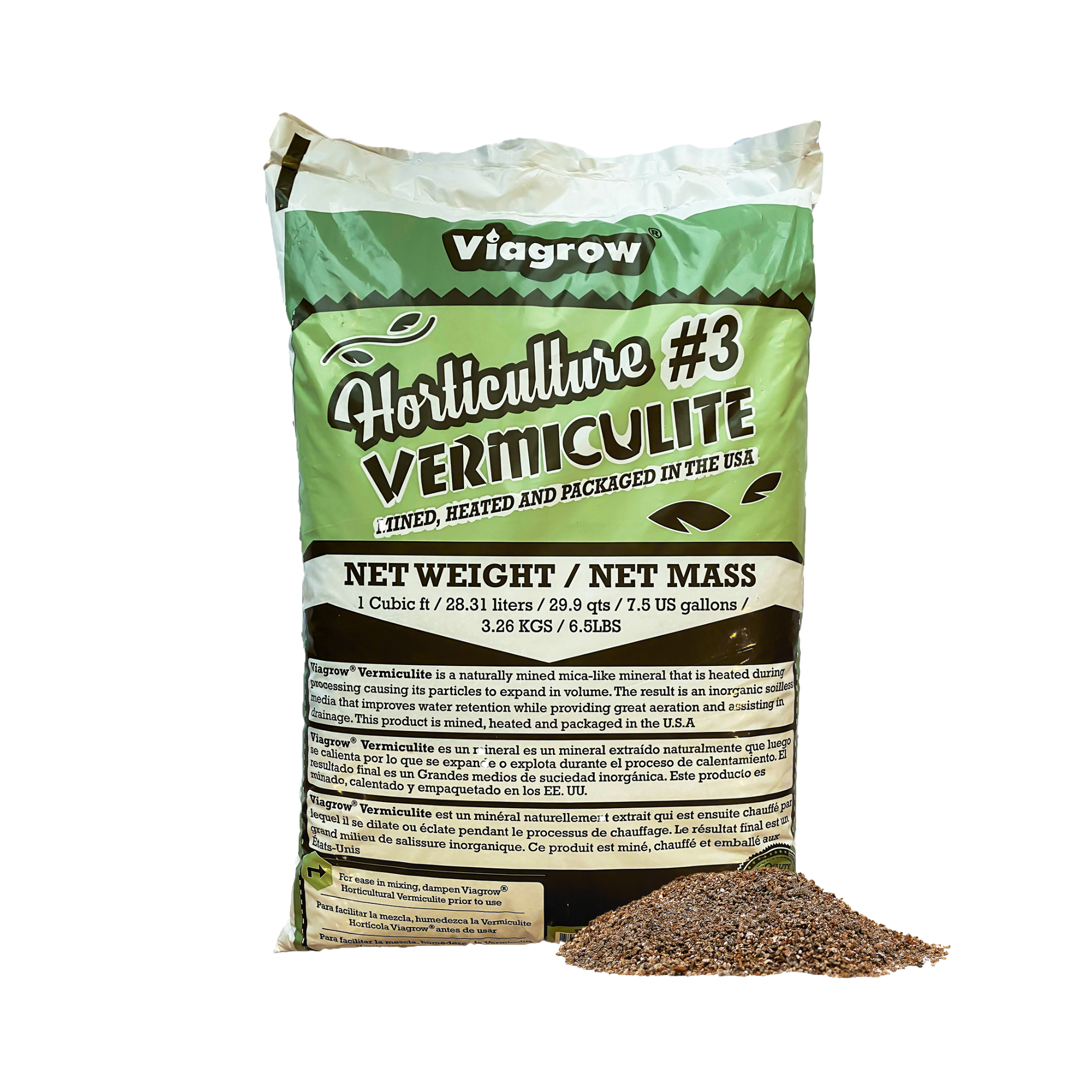 A bag of Viagrow Horticultural Vermiculite, with a label indicating it is a 3 cubic feet bag, net weight 1 cubic foot, and with additional product information.