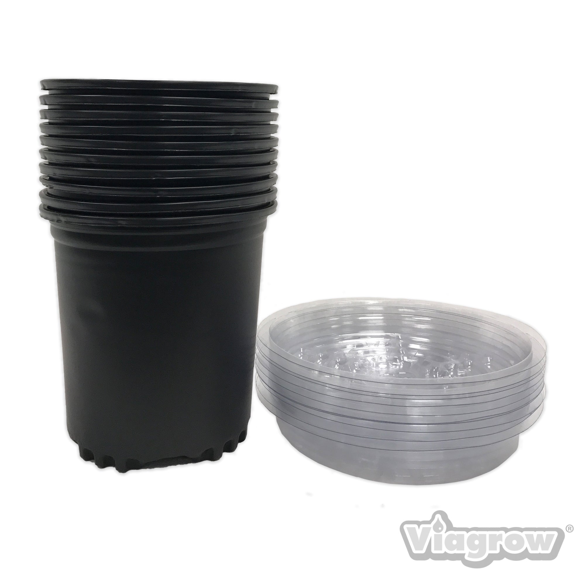 A black plastic nursery pot with a matching clear plastic saucer.