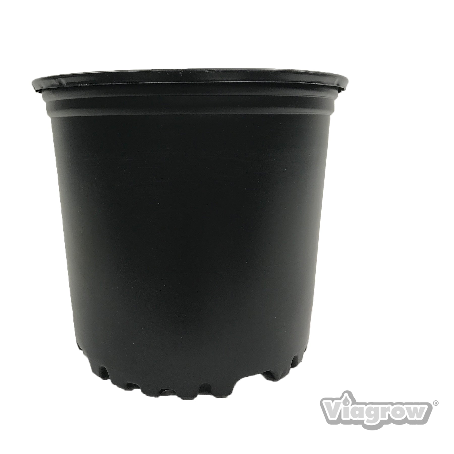 A black Viagrow 1 gallon nursery pot with a raised rim design, suitable for plant growing.