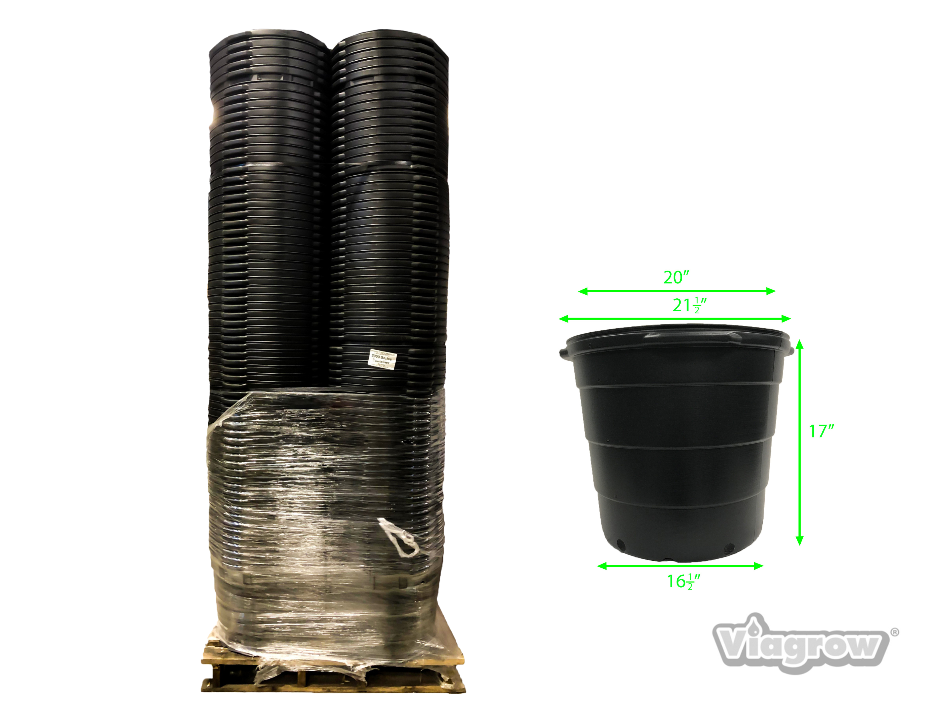 A stack of black 20 gallon Viagrow nursery pots with a single pot displayed in front showing the raised rim design.