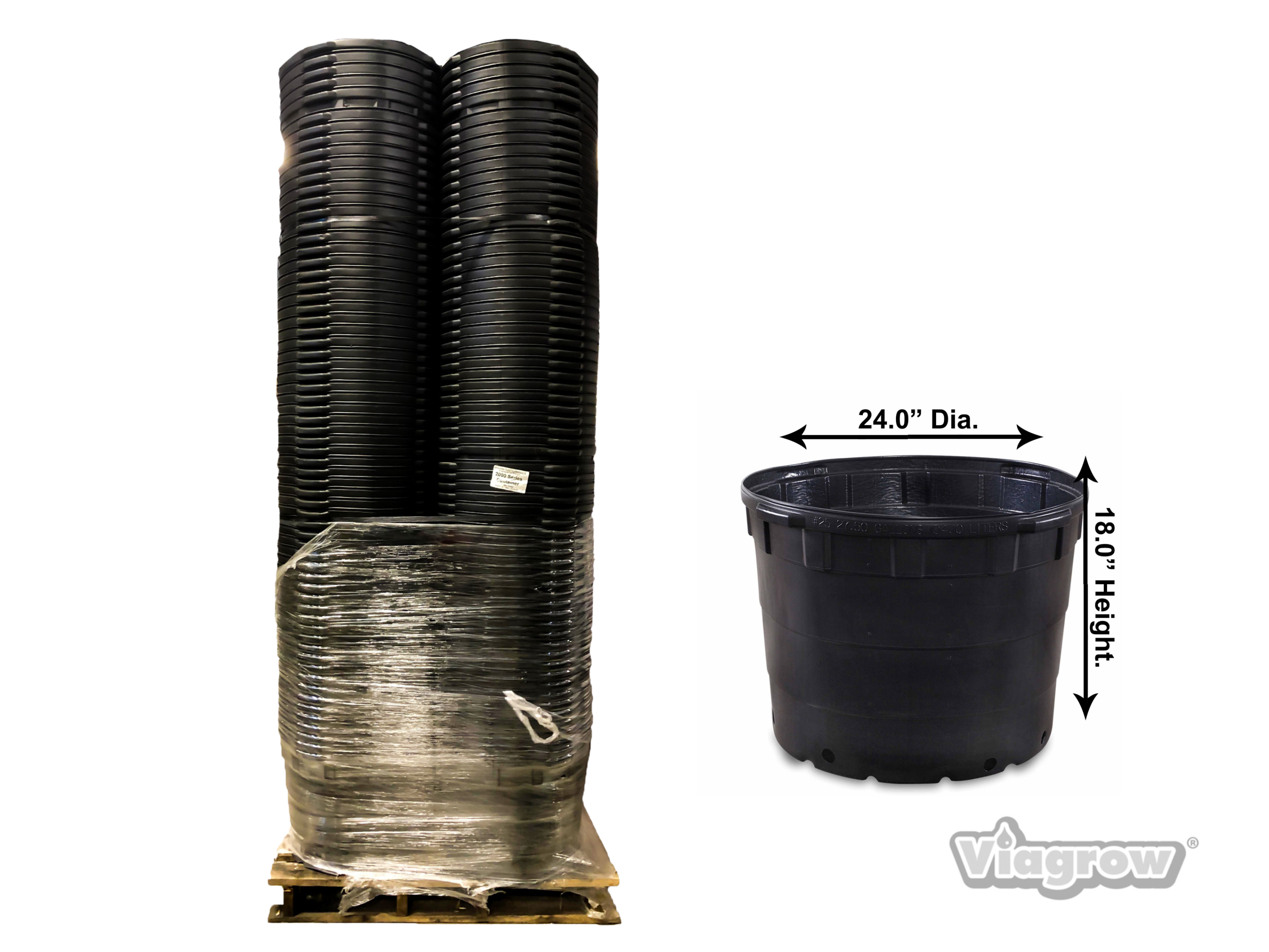 A stack of black, round nursery pots with the Viagrow brand visible, indicating the product is from Viagrow.