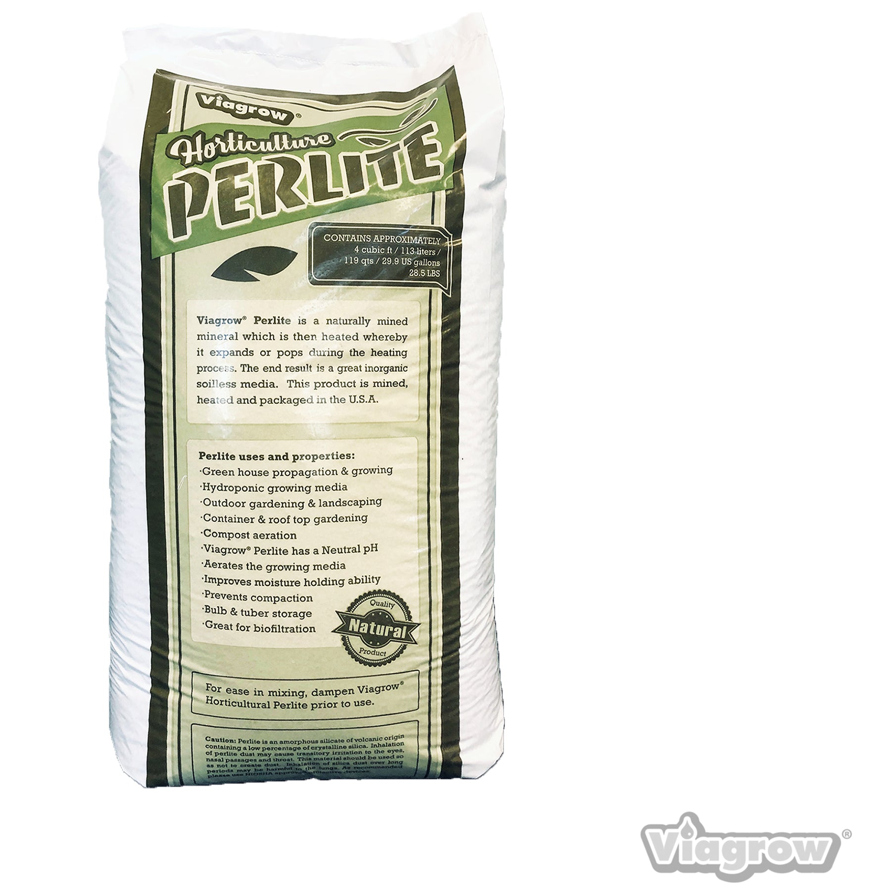 A bag of Viagrow Horticultural Perlite in a white and green packaging, labeled for professional gardening use.