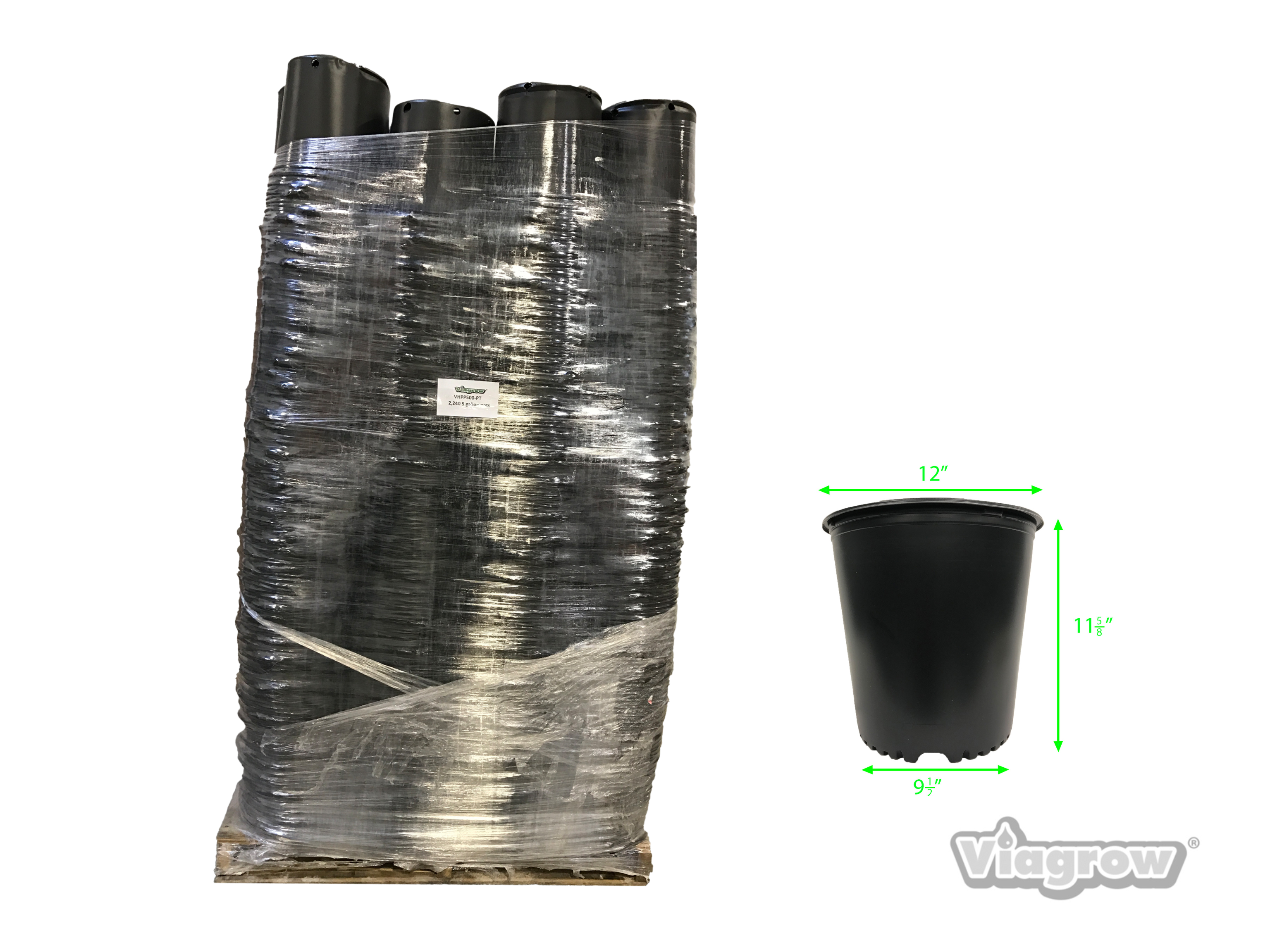 A bundle of black Viagrow 5-gallon nursery pots stacked together, with a measurement inset showing the pot's dimensions.