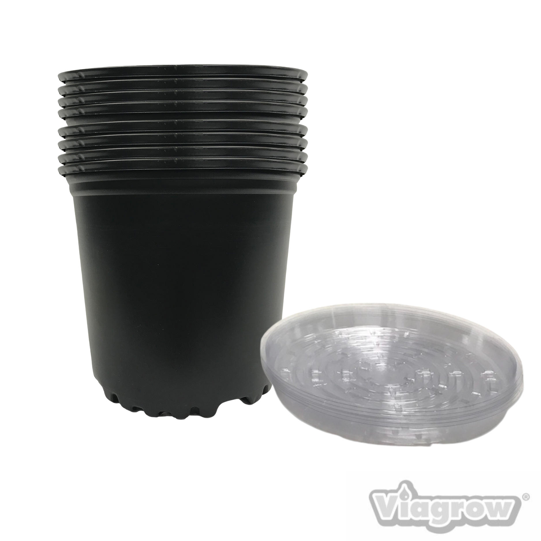 A 5-gallon round black plastic nursery pot with a matching 12-inch clear plastic saucer.