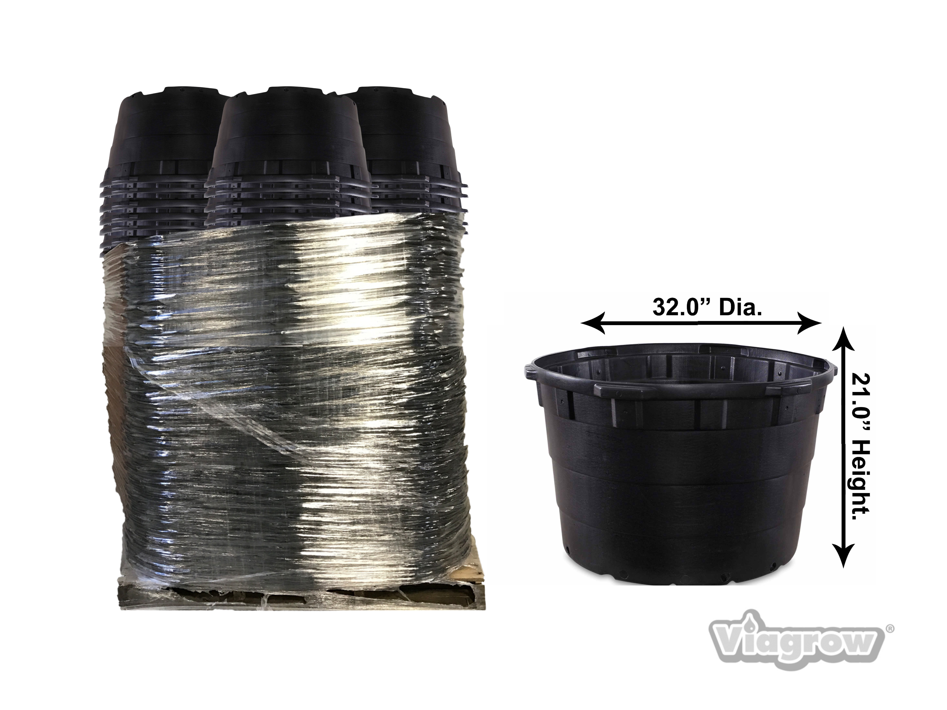 A stack of black, round plastic plant pots made by Viagrow, with dimensions 32.0 inches in diameter and 21.