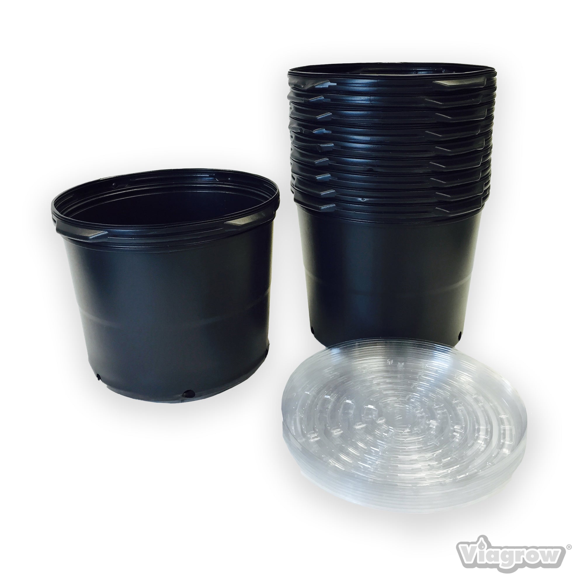 A set of two black plastic pots, one is a 7-gallon nursery pot, and the other is a 14-inch saucer with a hole in the center.