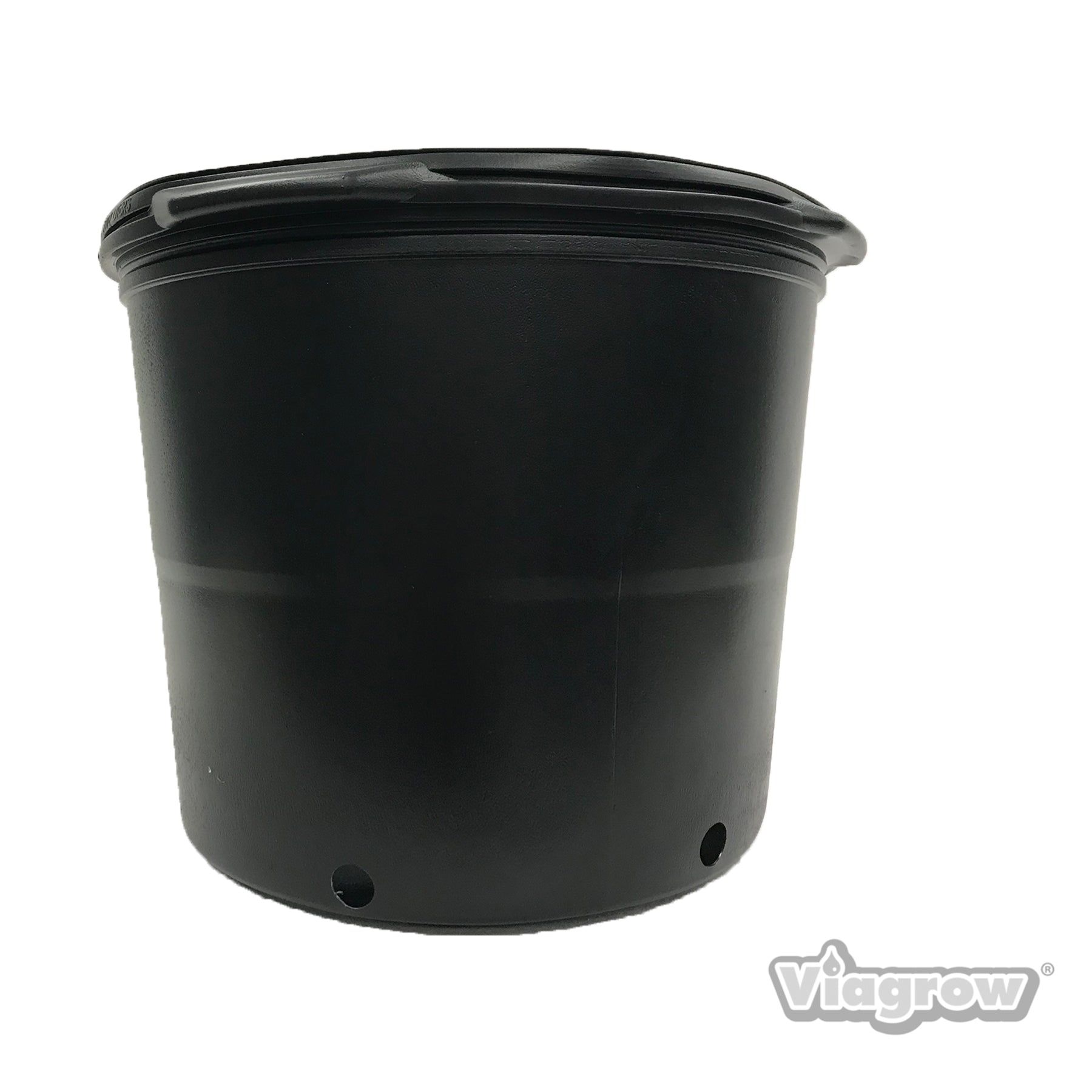 A black Viagrow 7 gallon nursery pot with a raised rim design and small drainage holes at the bottom.
