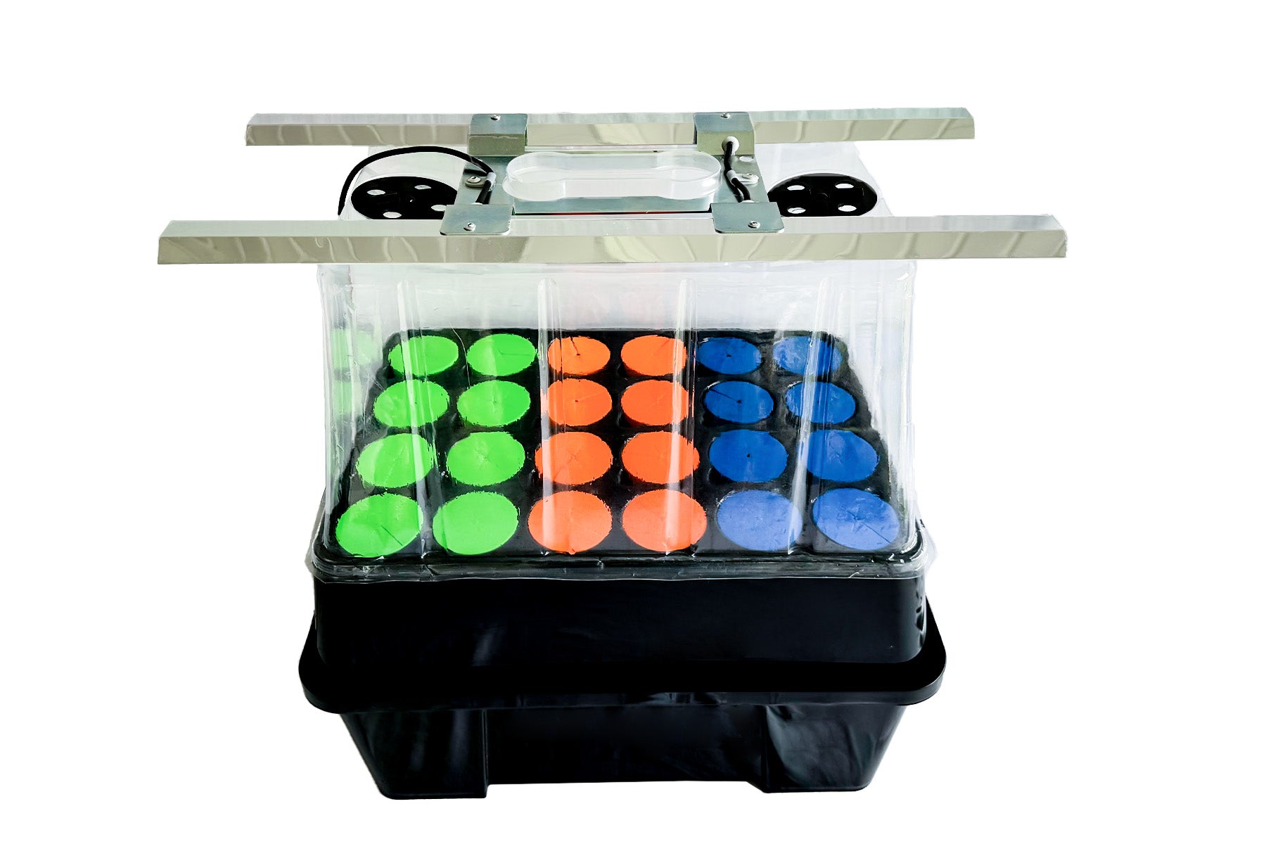 Viagrow Aeroponic Clone Machine with hydroponic 24-site grow area, multicolored neoprene collars, and a clear humidity dome, illuminated by a fluorescent grow light.