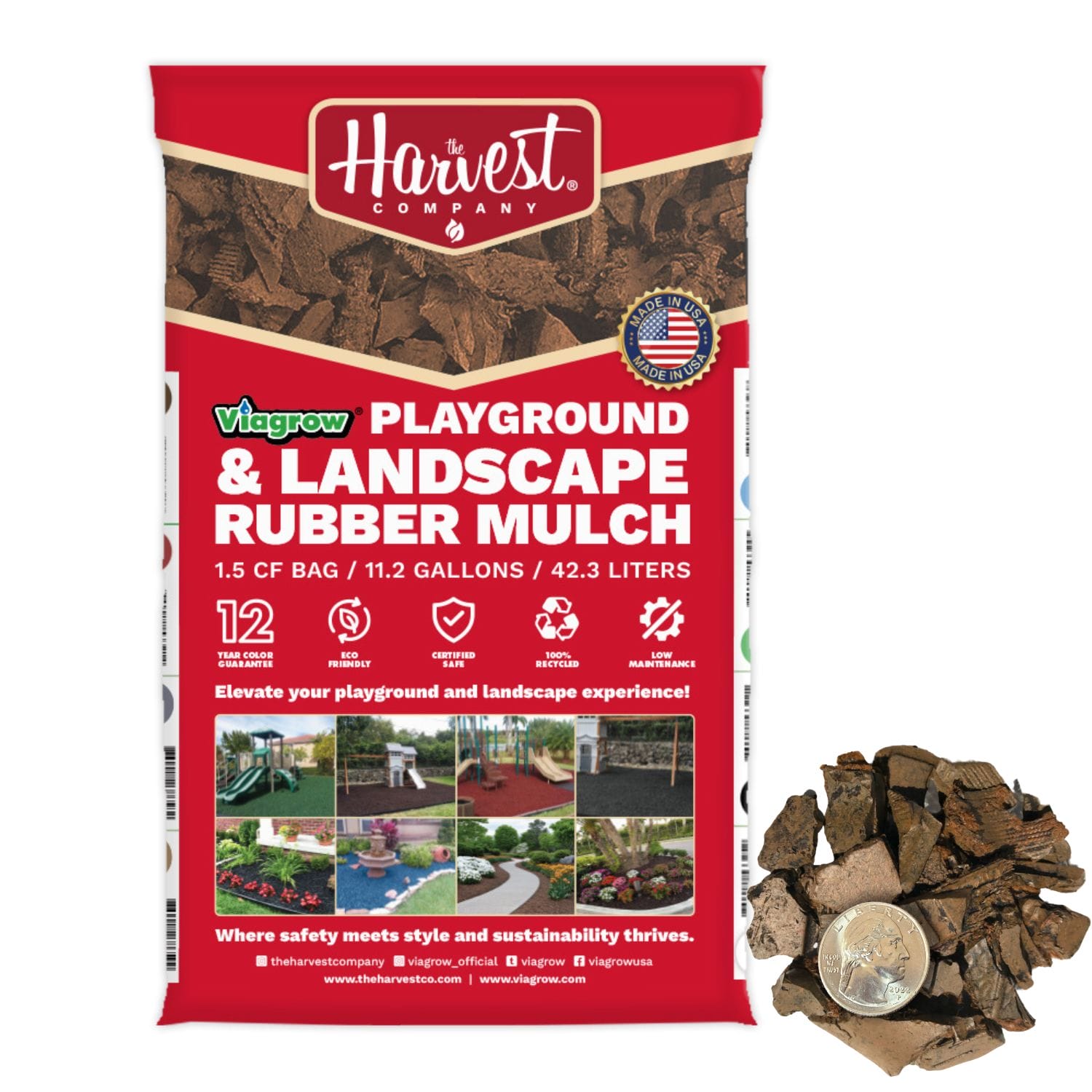 Bag of playground and landscape rubber mulch with Harvest Company branding