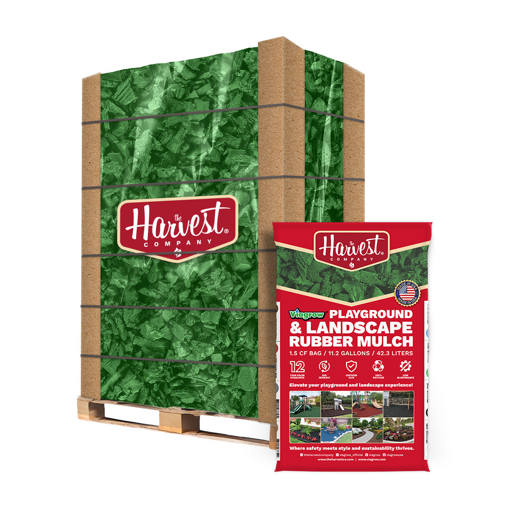 Harvest Company playground and landscape rubber mulch packaging on a white background