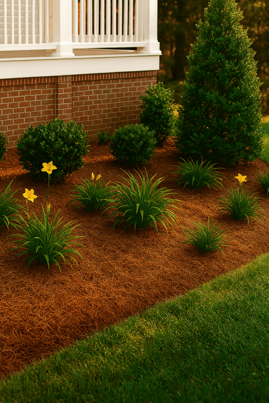 Lush garden with shrubs and flowers in front of a brick house.