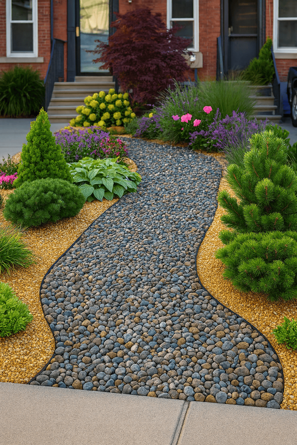 Decorative garden path with pebbles leading to a house entrance