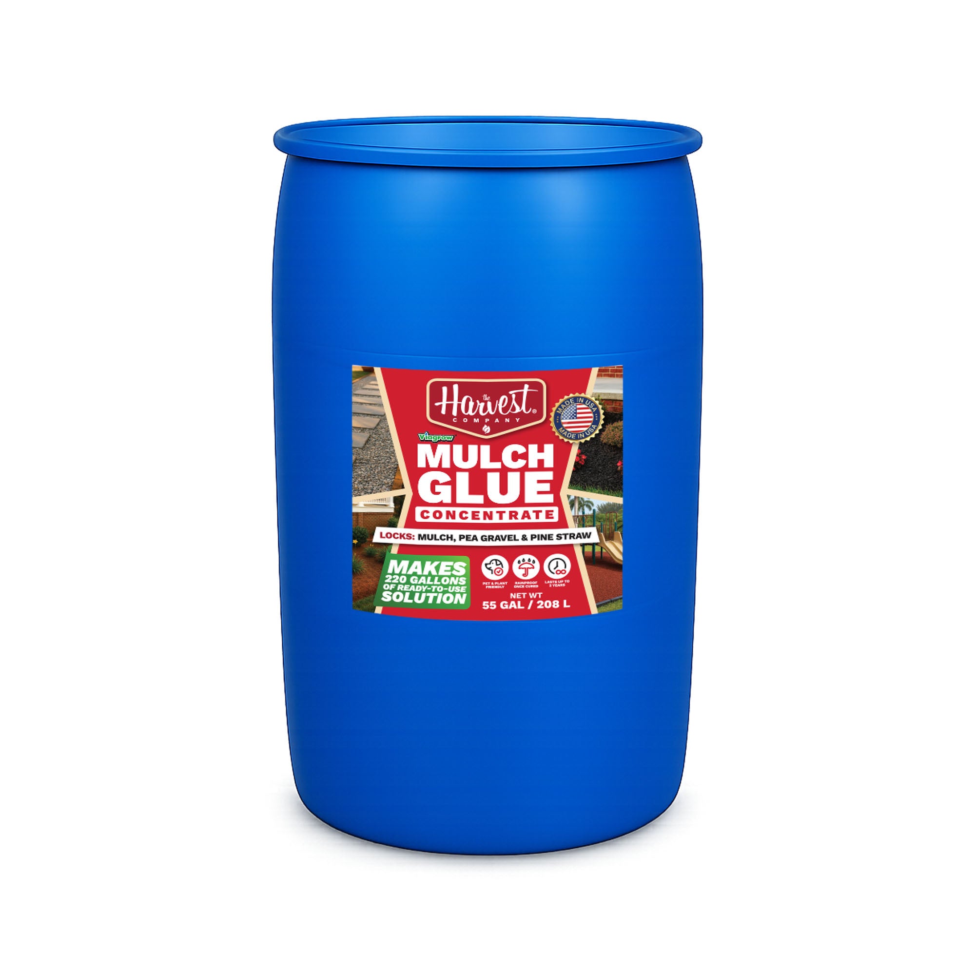 Blue container of Harvest Mulch Glue Concentrate on a white background