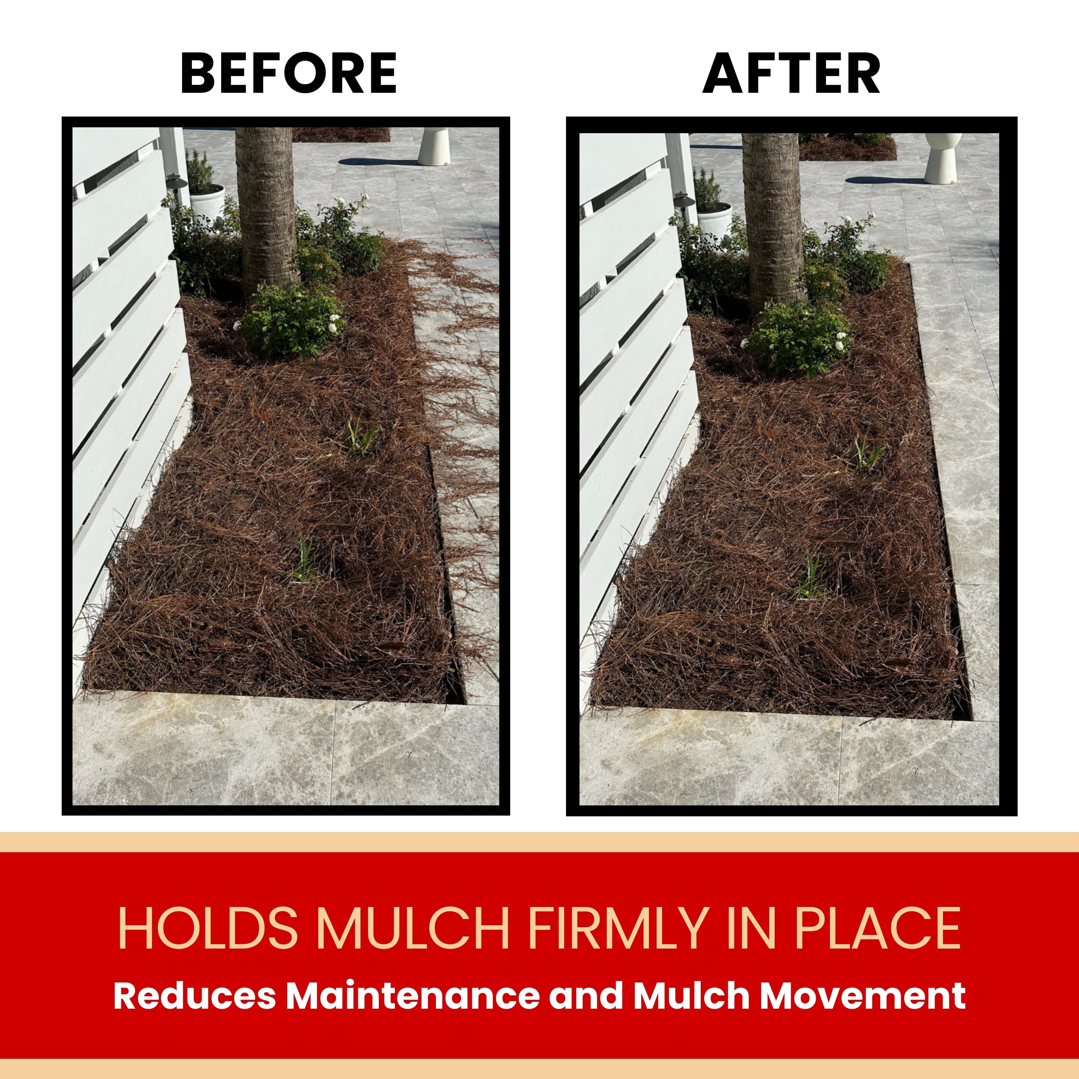 Before and after comparison of a mulch area with text indicating product benefits.