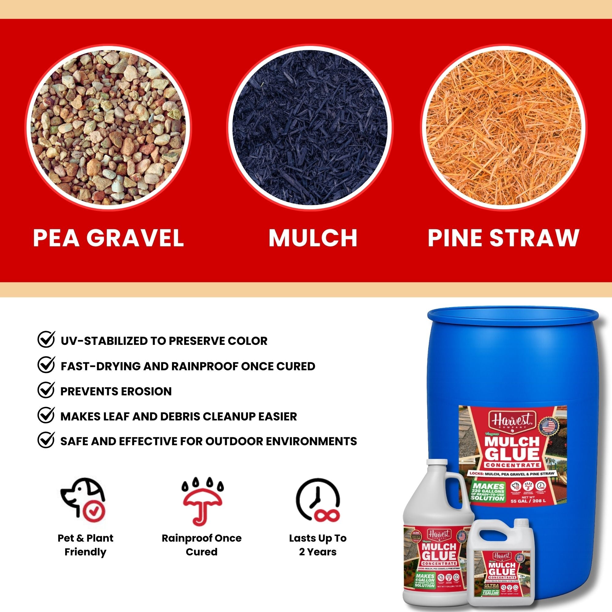 Product packaging with pea gravel, mulch, and pine straw illustrations on a red background, featuring a blue barrel and bottles of 'Haver' brand product.