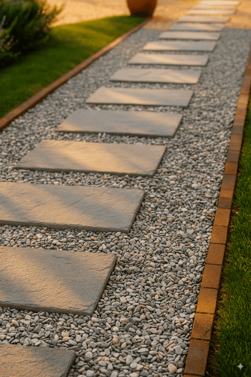 Pathway made of stepping stones on a gravel bed with grass on either side