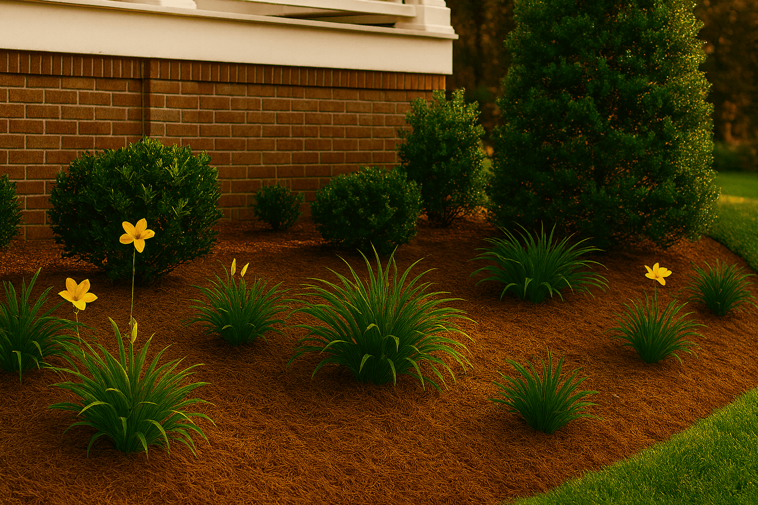Lush garden with yellow flowers and green plants in front of a brick house.