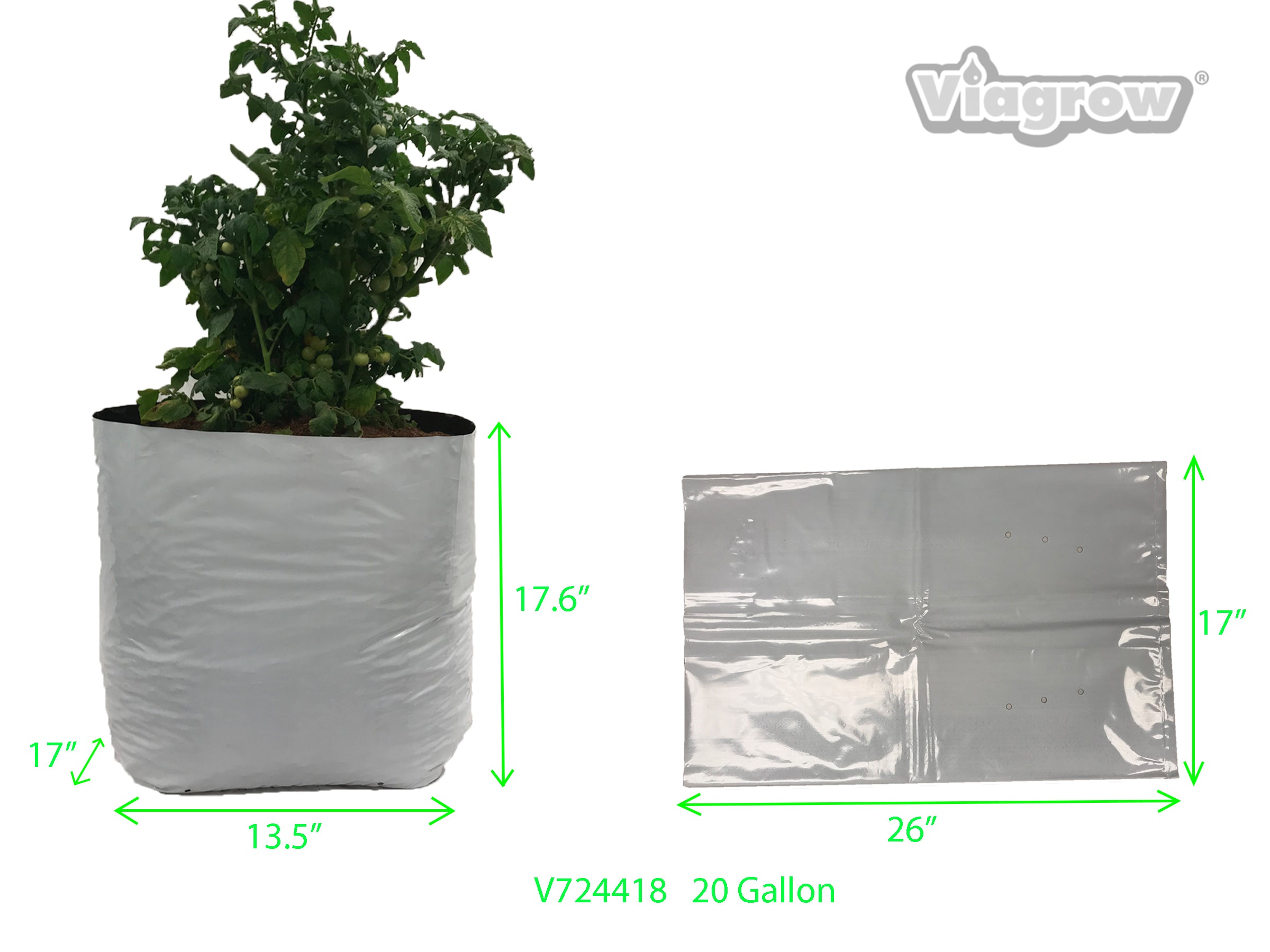 A set of Viagrow plastic grow bags in various sizes, with one bag containing a young plant. The bags are predominantly white with black accents and feature pre-punched drainage holes.