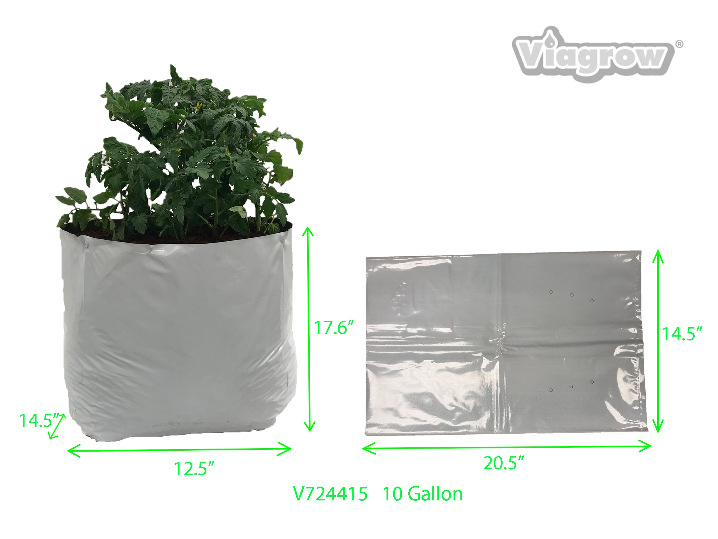 A set of Viagrow plastic grow bags in various sizes, with one bag containing a young plant. The bags are predominantly white with black accents and feature pre-punched drainage holes.