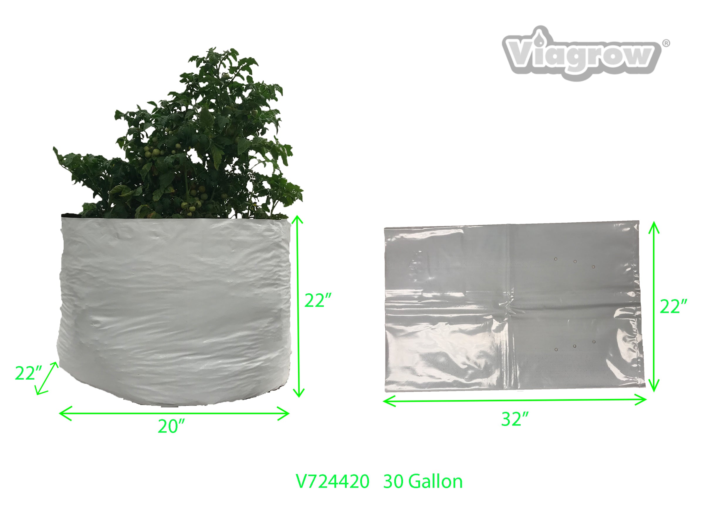 A set of Viagrow plastic grow bags in various sizes, with one bag containing a young plant. The bags are predominantly white with black accents and feature pre-punched drainage holes.
