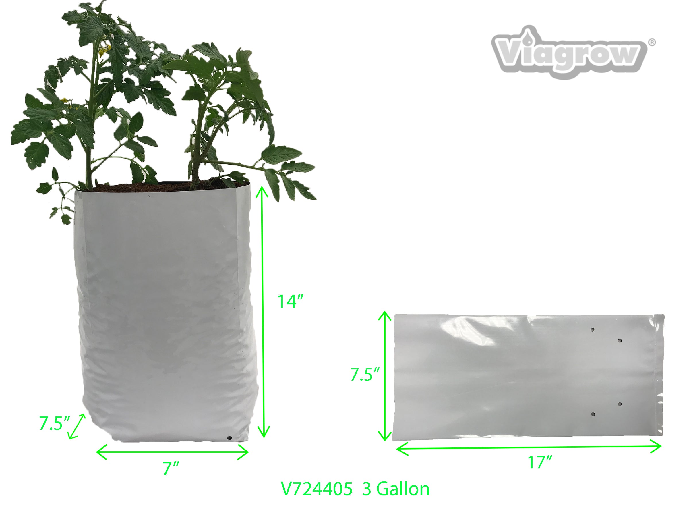 A set of Viagrow plastic grow bags in various sizes, with one bag containing a young plant. The bags are predominantly white with black accents and feature pre-punched drainage holes.