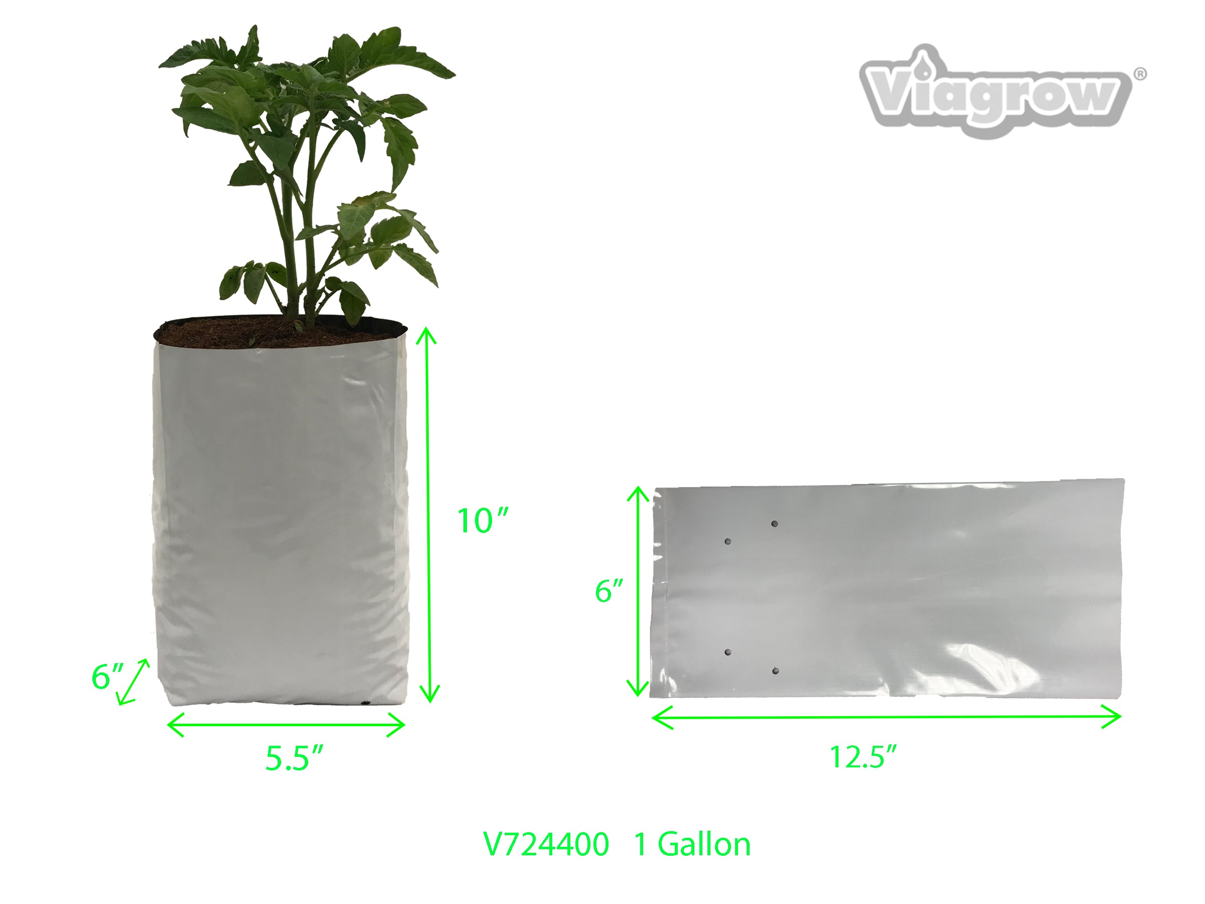 A set of Viagrow plastic grow bags in various sizes, with one bag containing a young plant. The bags are predominantly white with black accents and feature pre-punched drainage holes.