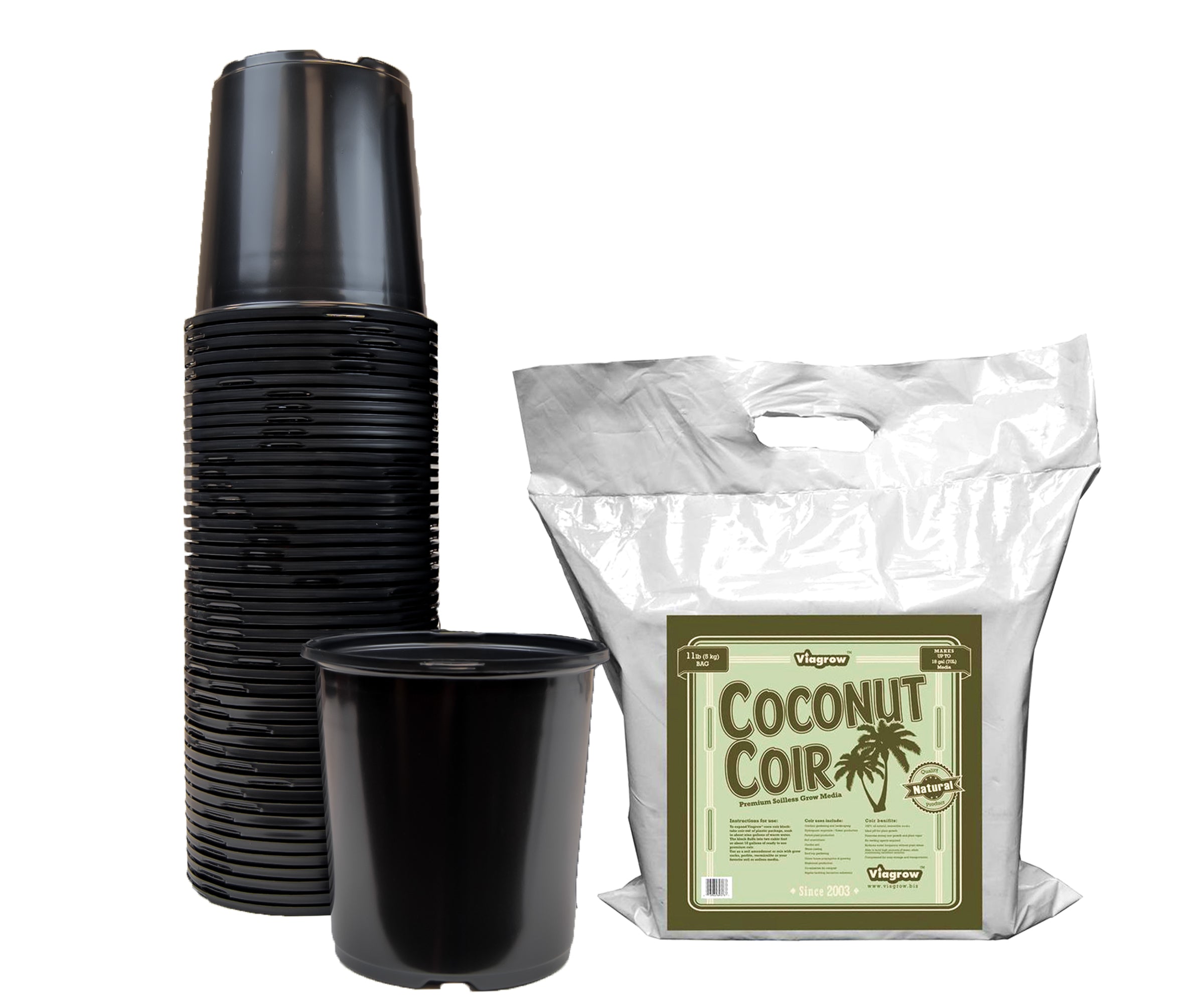 A set of black HDPE plastic nursery pots and a bag of Viagrow coconut coir brick, designed for gardening.