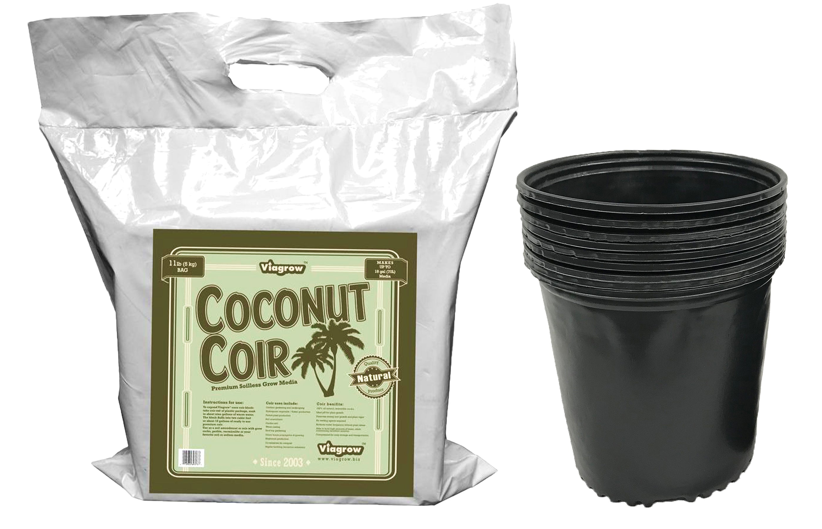 A set of black HDPE plastic nursery pots and a bag of Viagrow coconut coir brick, designed for gardening.