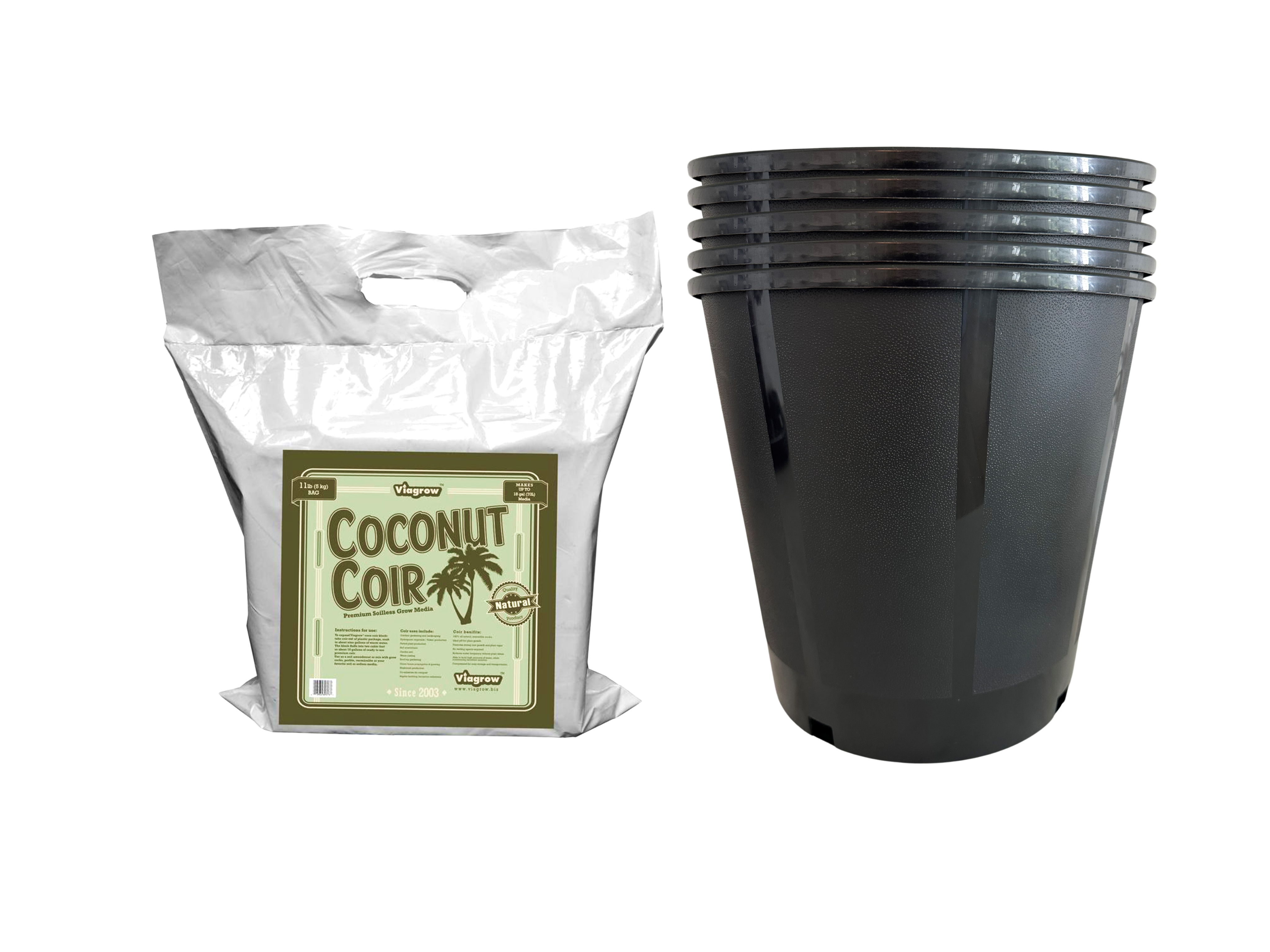 A set of black HDPE plastic nursery pots and a bag of Viagrow coconut coir brick, designed for gardening.