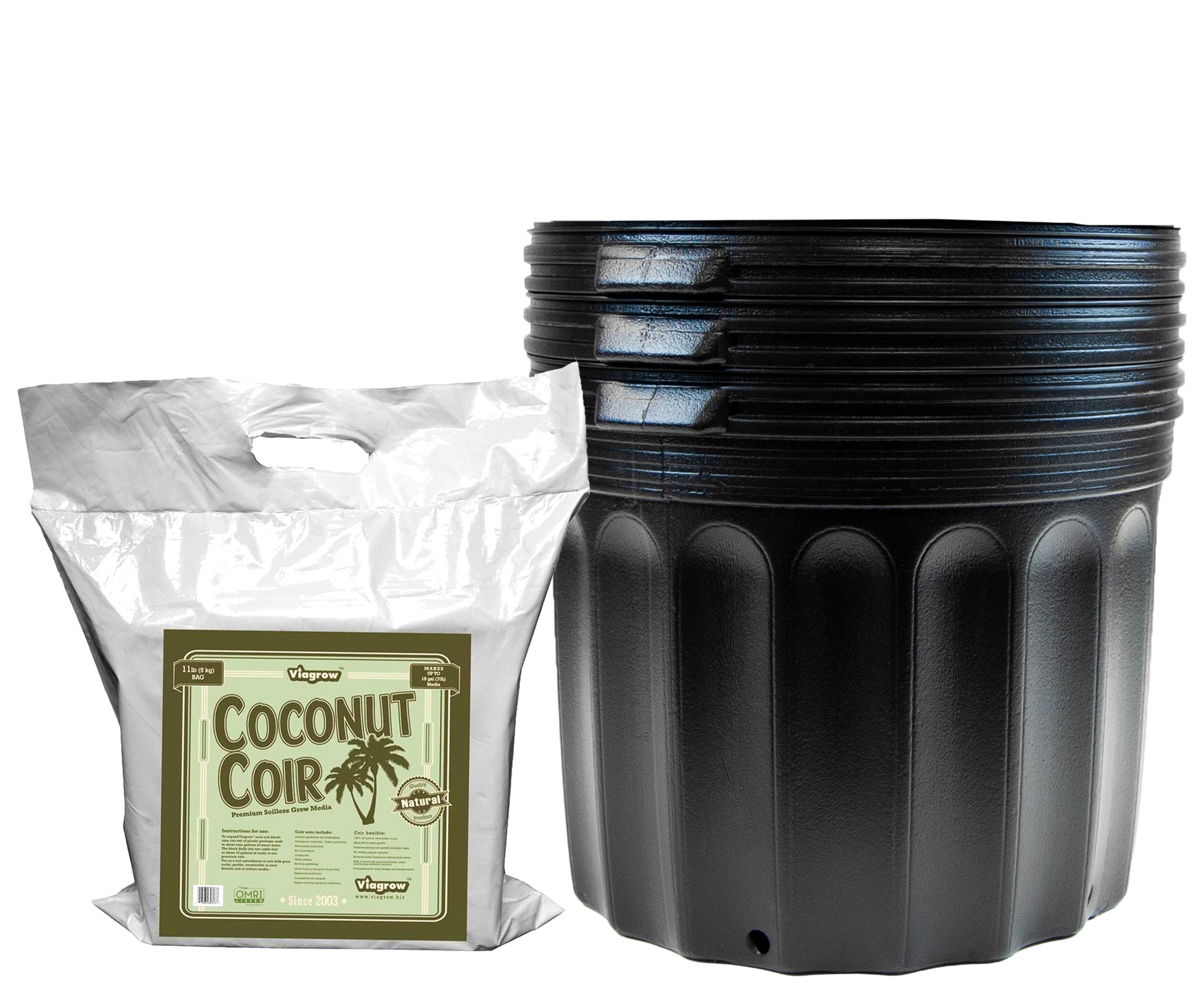 A set of black HDPE plastic nursery pots and a bag of Viagrow coconut coir brick, designed for gardening.