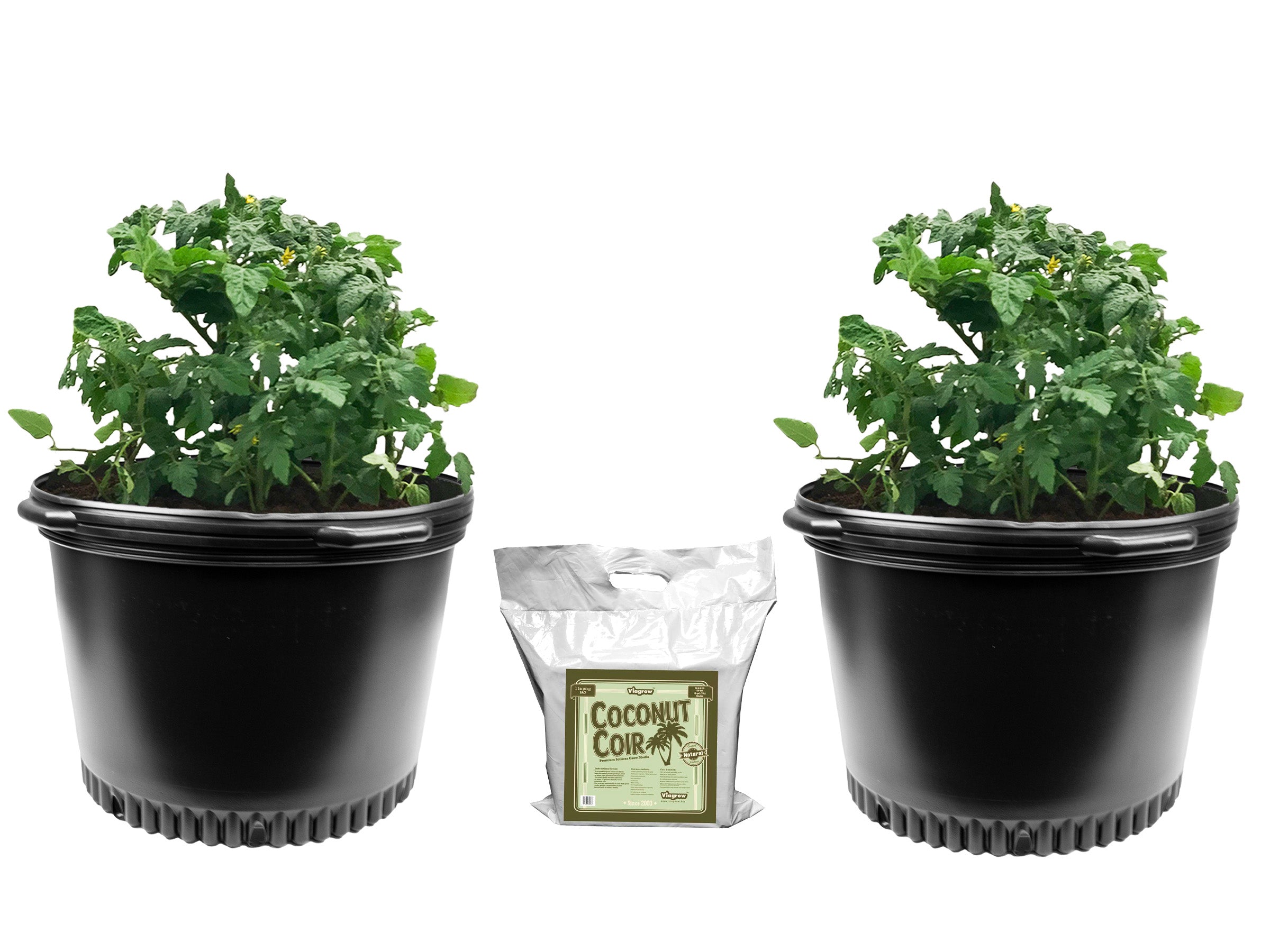 A set of black HDPE plastic nursery pots and a bag of Viagrow coconut coir brick, designed for gardening.