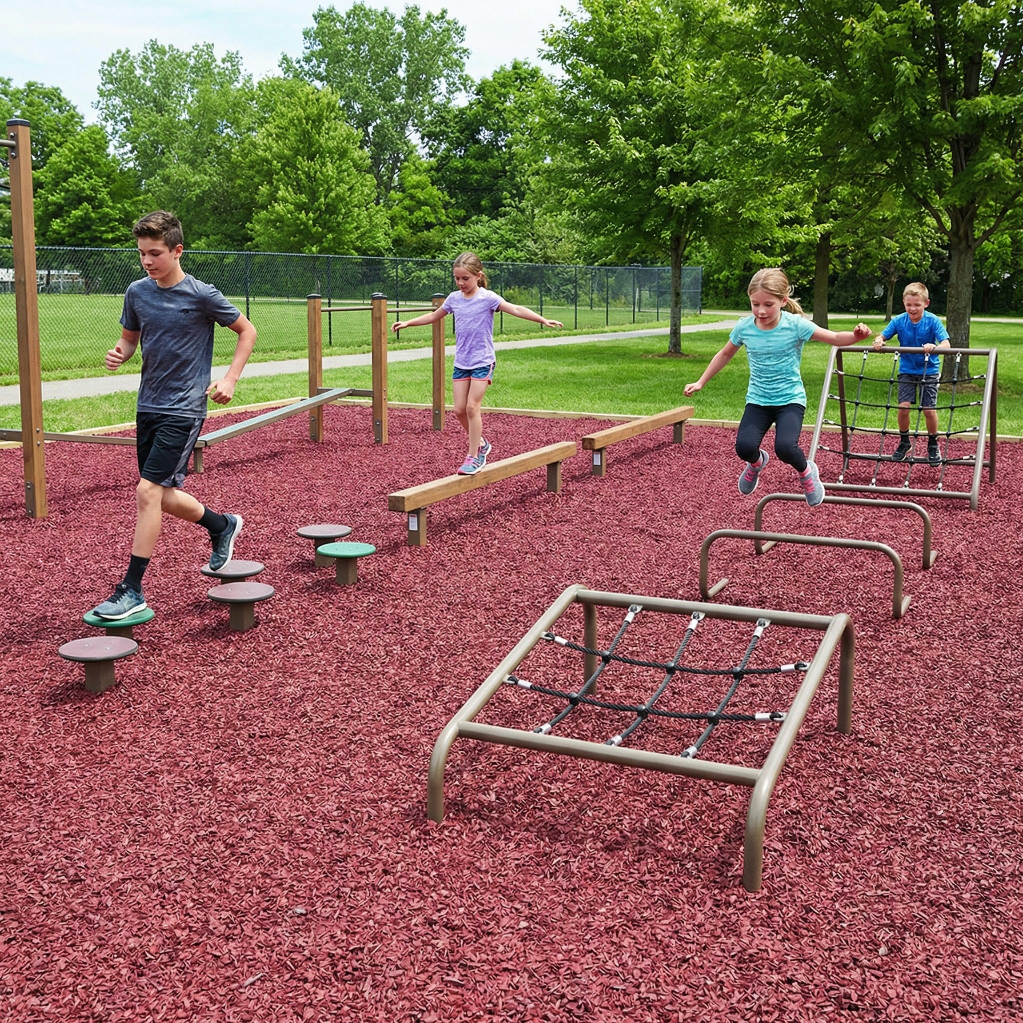 Children playing on playground equipment in a park
