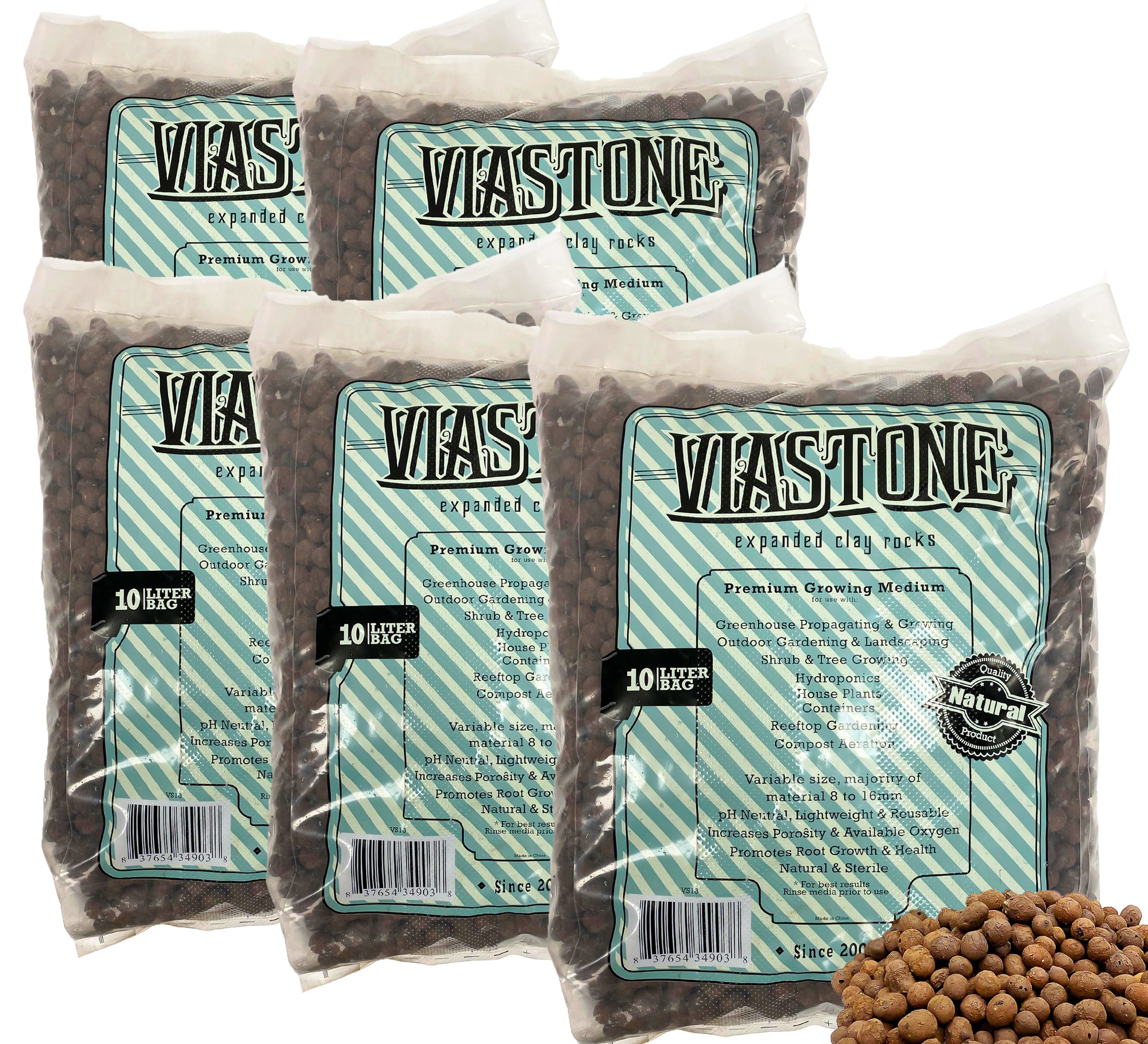 Multiple packages of Viastone expanded clay rocks, with the product visible in the foreground.
