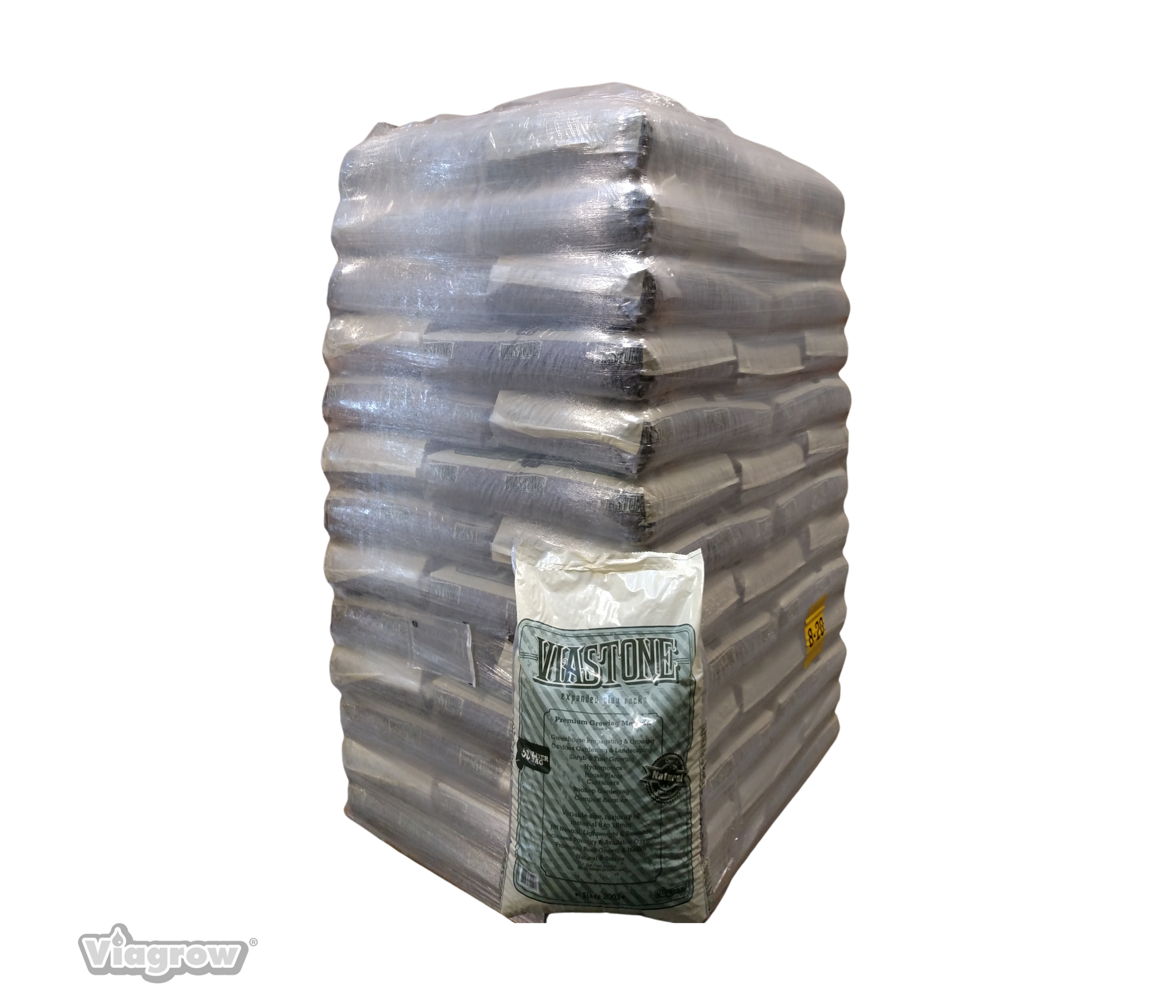 A pallet of packaged ViaStone expanded clay pebbles, with one bag partially visible.