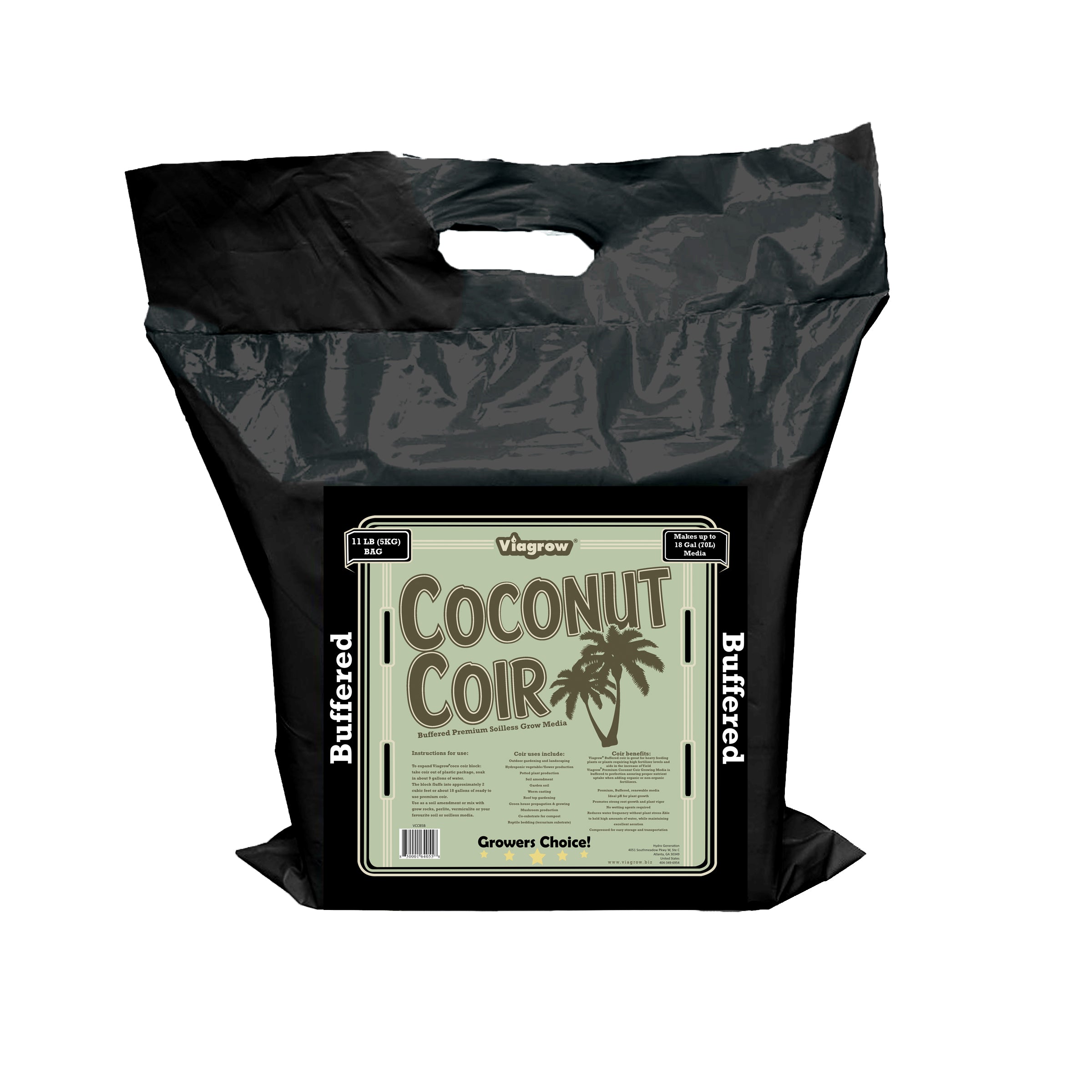 Coco Coir tamponado Viagrow, 5 kg de sustrato de cultivo premium comprimido, 5 kg / 11 lb - rinde 2 pies cúbicos / 72 cuartos de galón / 18 galones, tarima