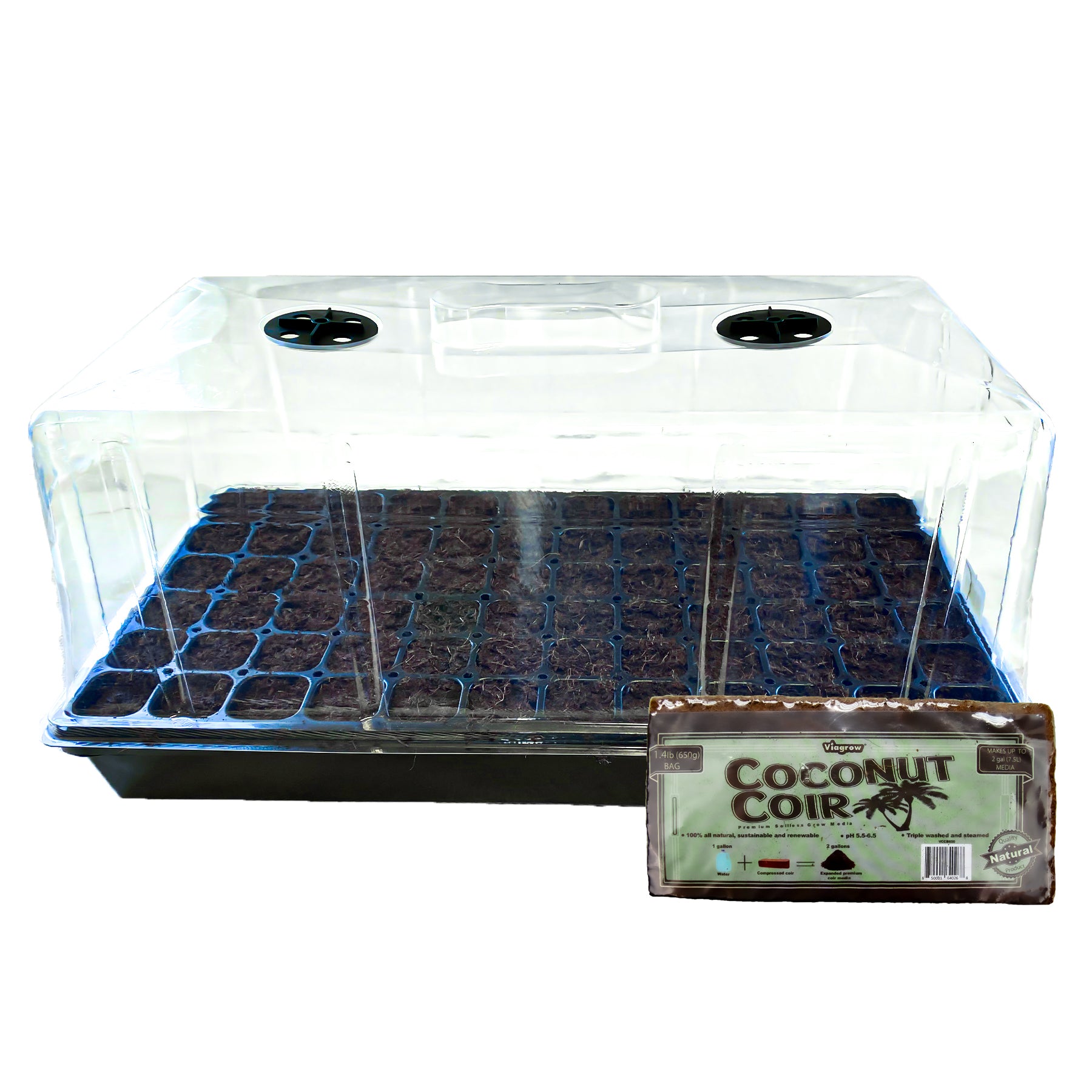 Viagrow Extra-Strength 10 in. x 20 in. Propagation Kit with 7 in. Tall Dome, 72-Cell Insert and Standard Flat Tray, and Premium Coco Coir Seedling Media (Packs)