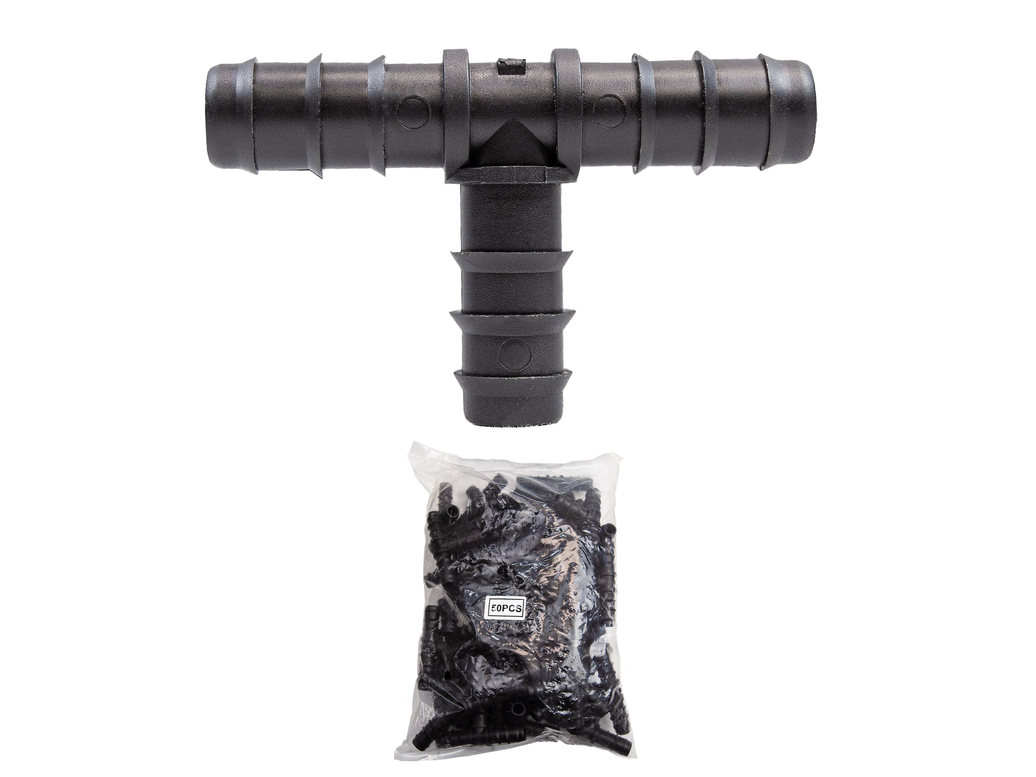 Viagrow 1/2 in. Barbed Tee Connector – UV-Resistant Irrigation Fitting for Drip Systems, Black, (50-Pieces)
