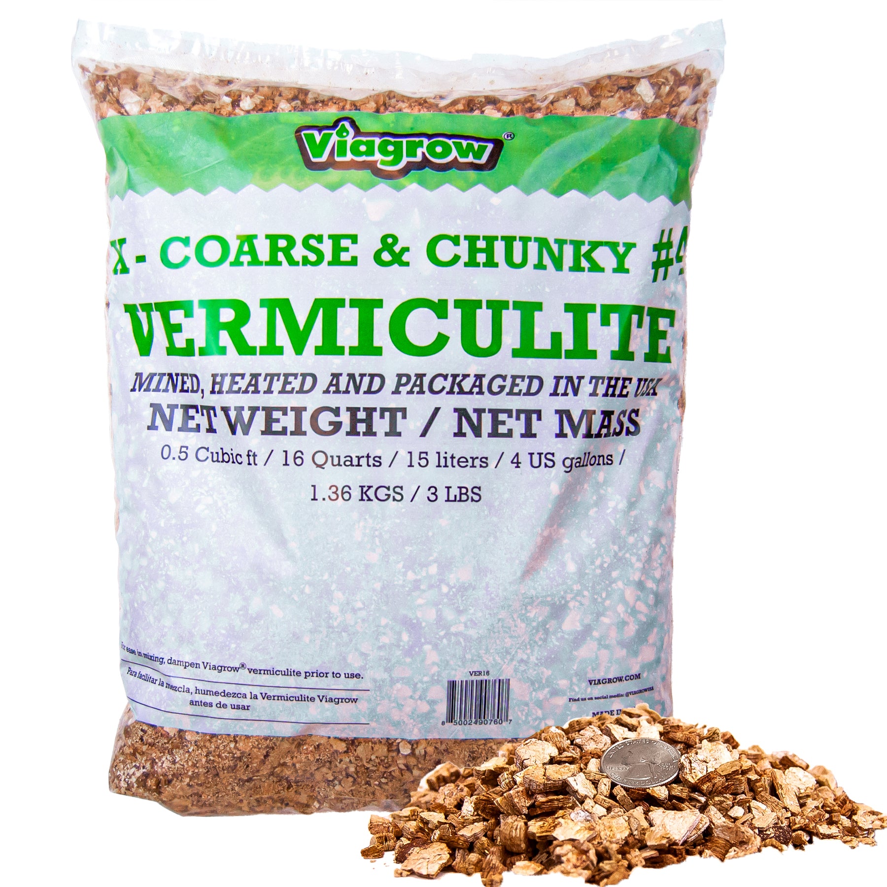 A bag of Viagrow coarse and chunky grade vermiculite, with some vermiculite scattered in front of it.