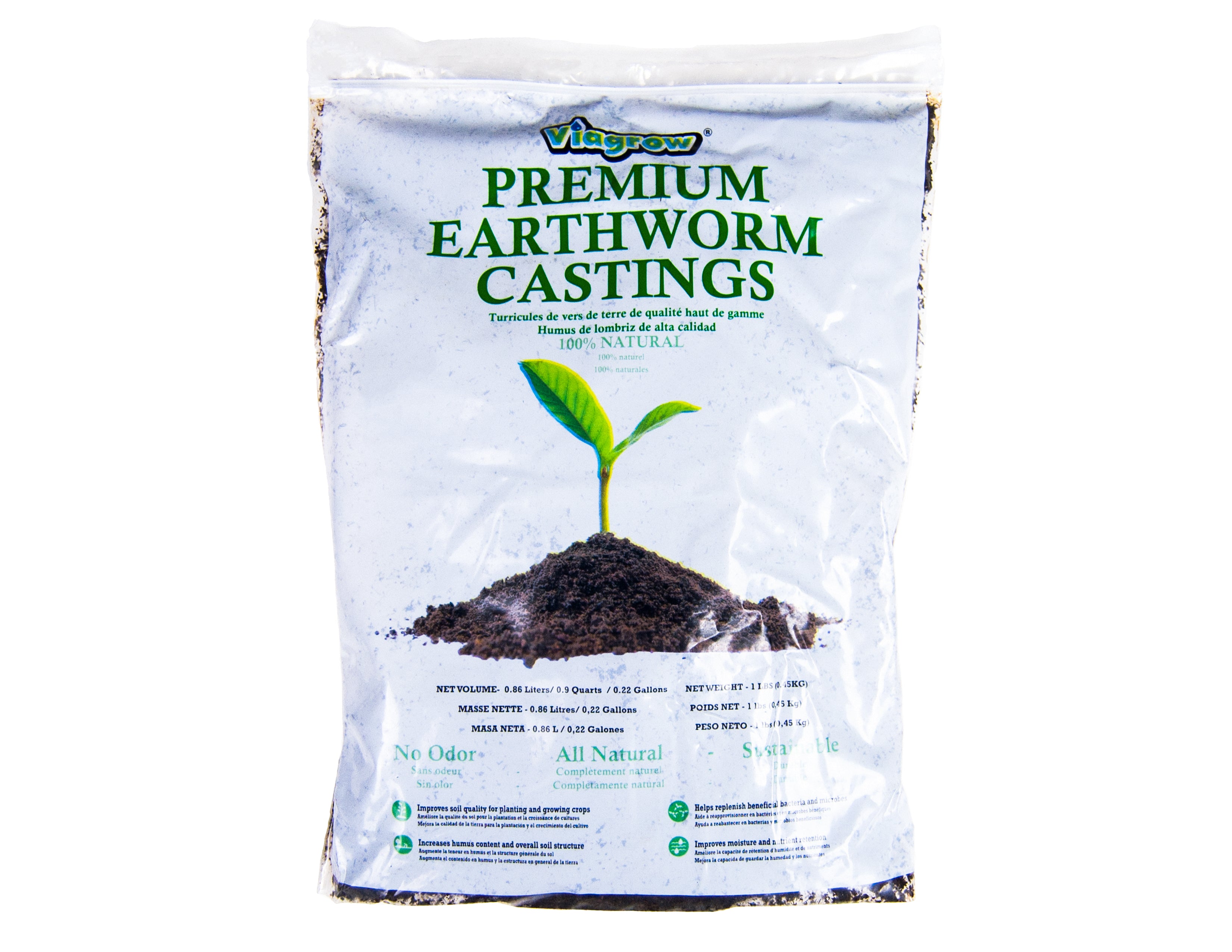 A bag of Viagrow Premium Earthworm Castings, soil builder, soil amendment with a picture of a young plant sprouting from the soil.