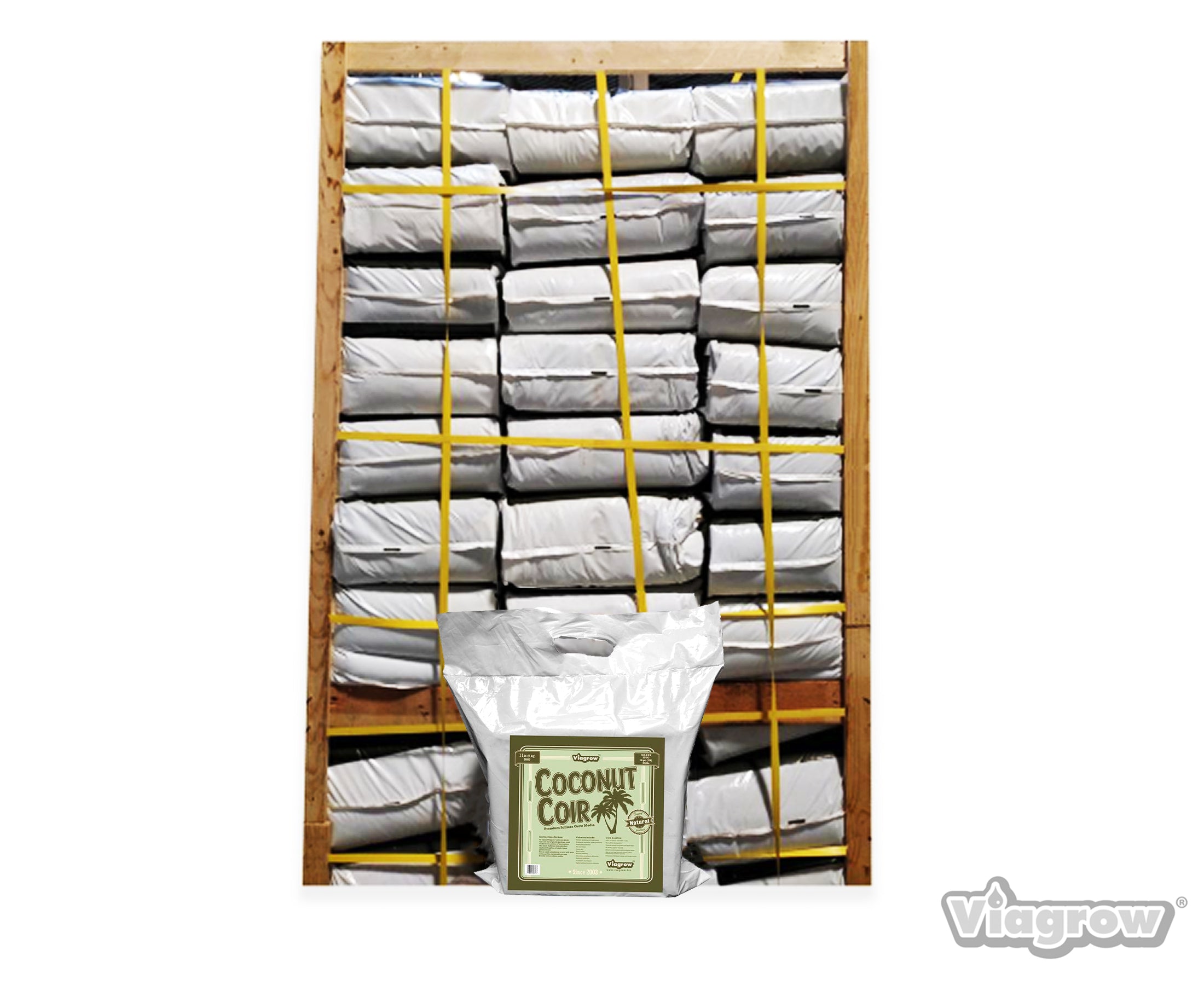 A pallet of Viagrow coconut coir compressed bricks, intended for gardening purposes, with visible branding and labeling.