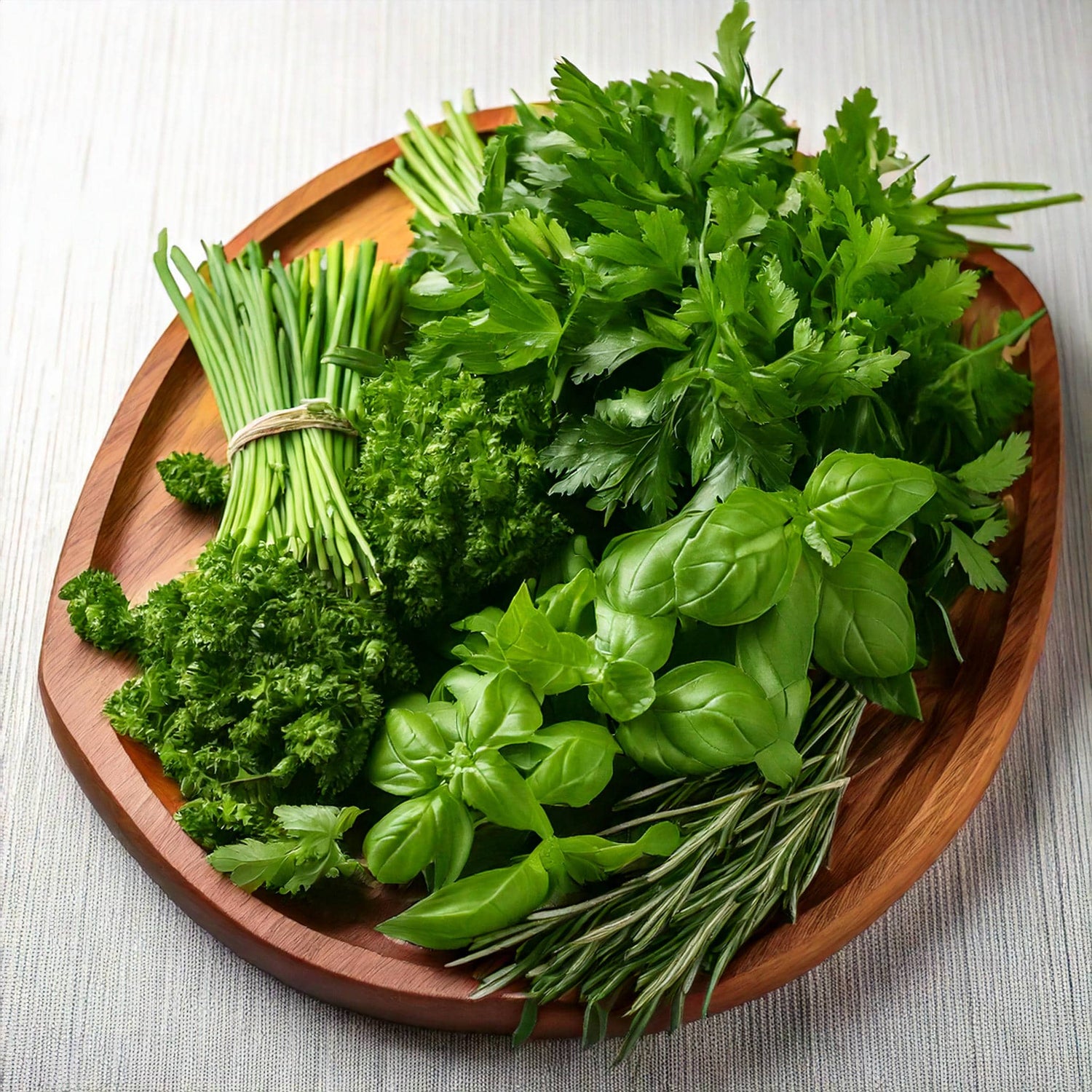 Fresh herbs indoors on wooden plate 